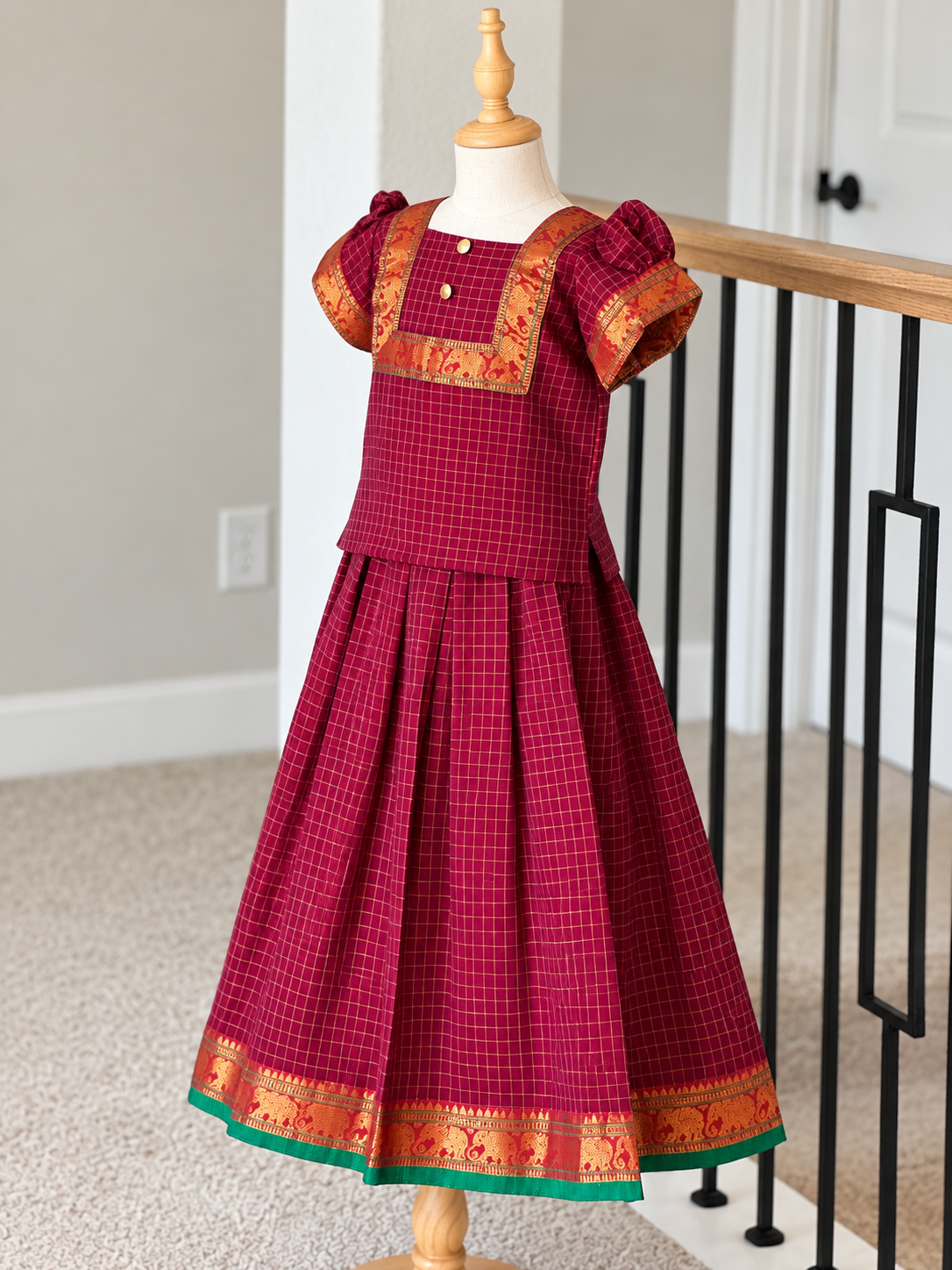 Pinkish Maroon small checks Narayanpet skirt and top