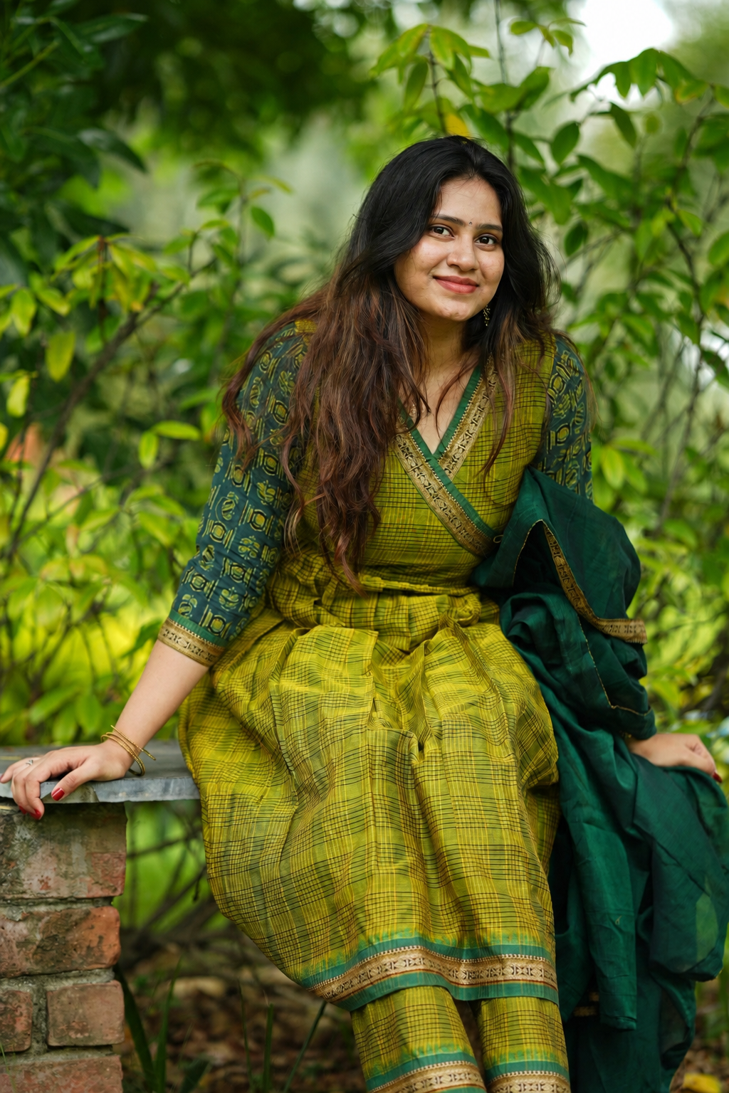 Green Narayanpet checks with ajrakh A-line set