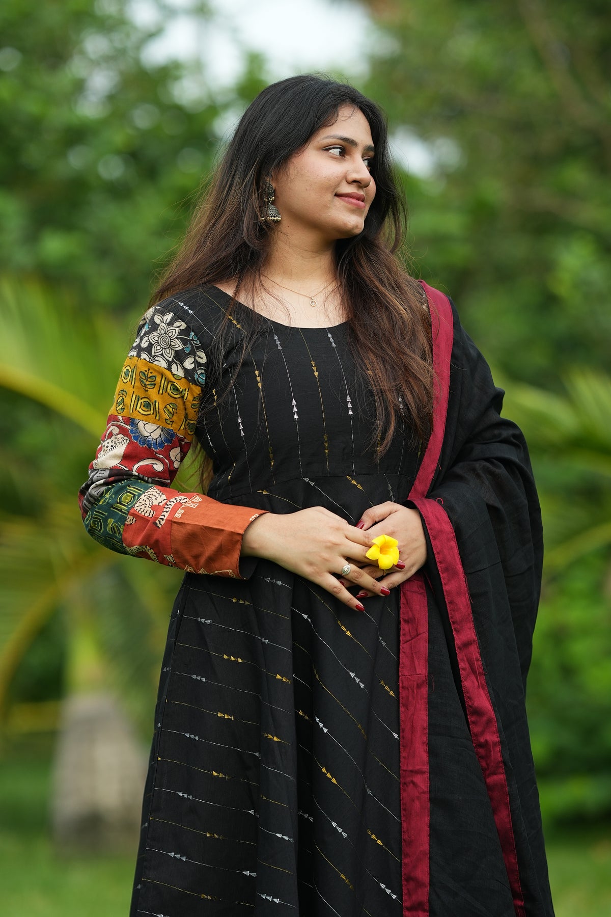Black patchwork raw silk maxi