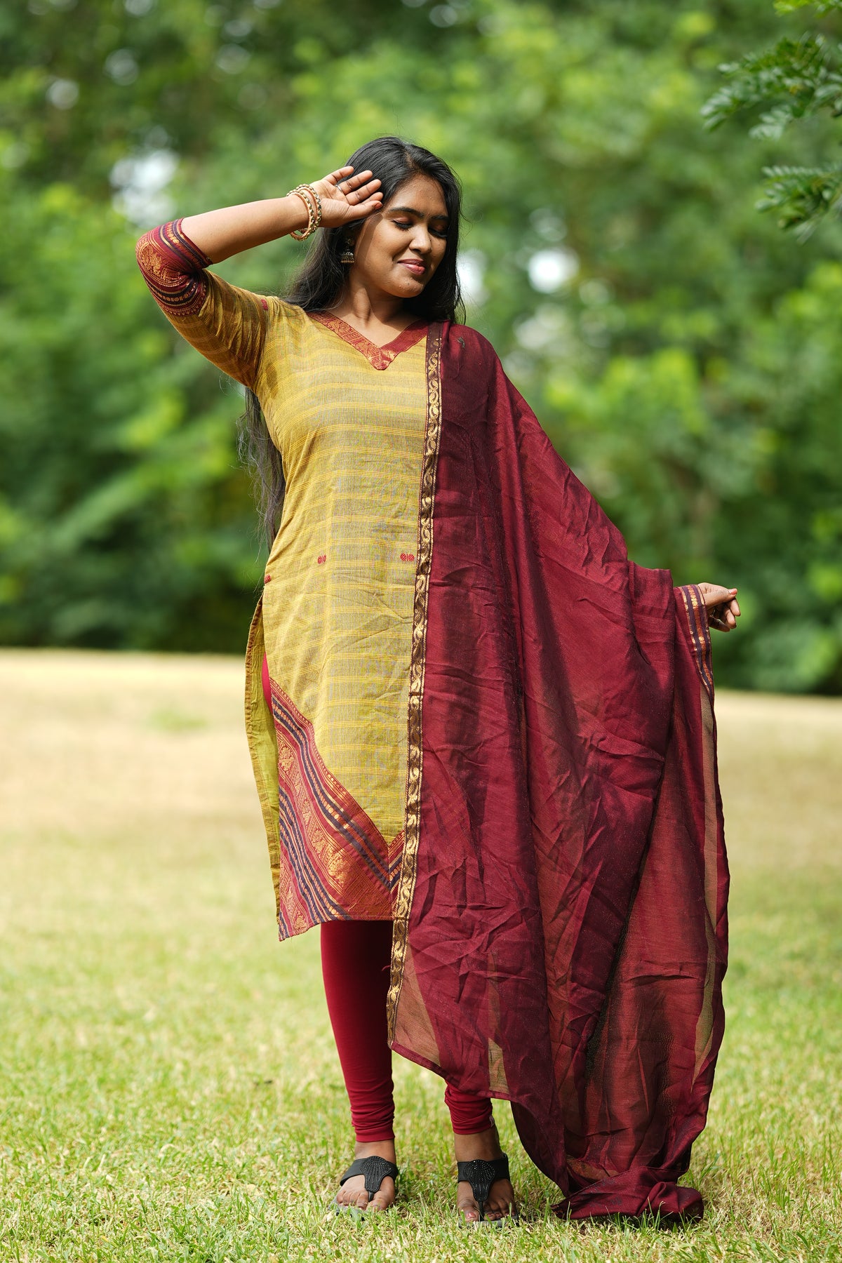 Green and maroon kanchi cotton salwar set
