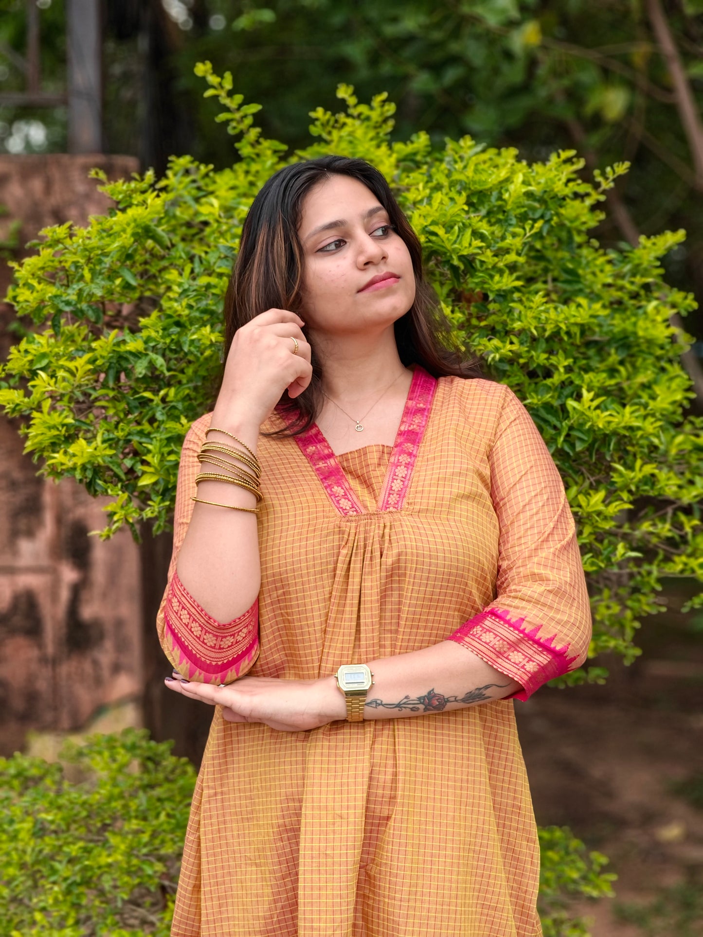 Yellow and pink Festive A-line Salwar set