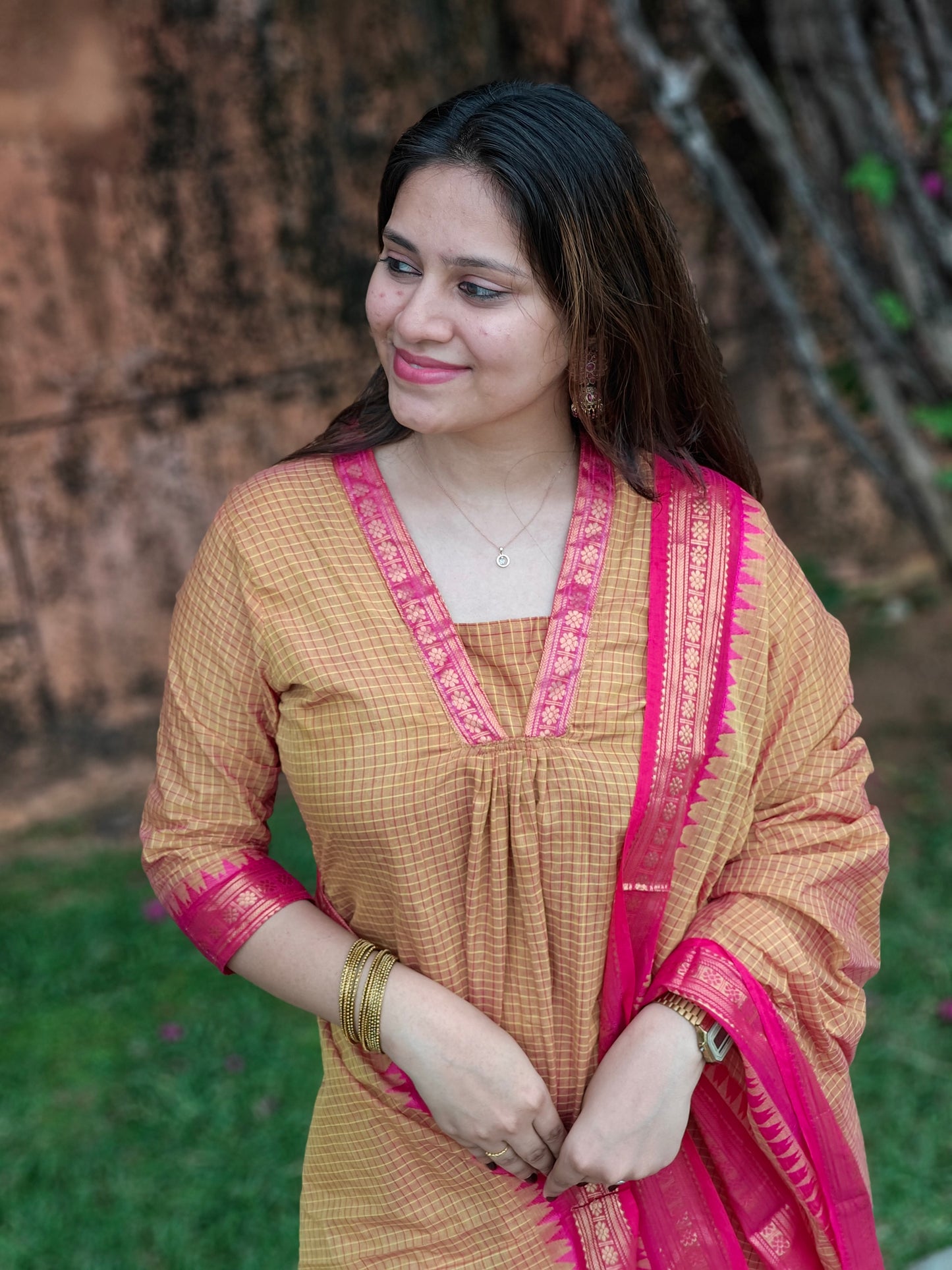 Yellow and pink Festive A-line Salwar set