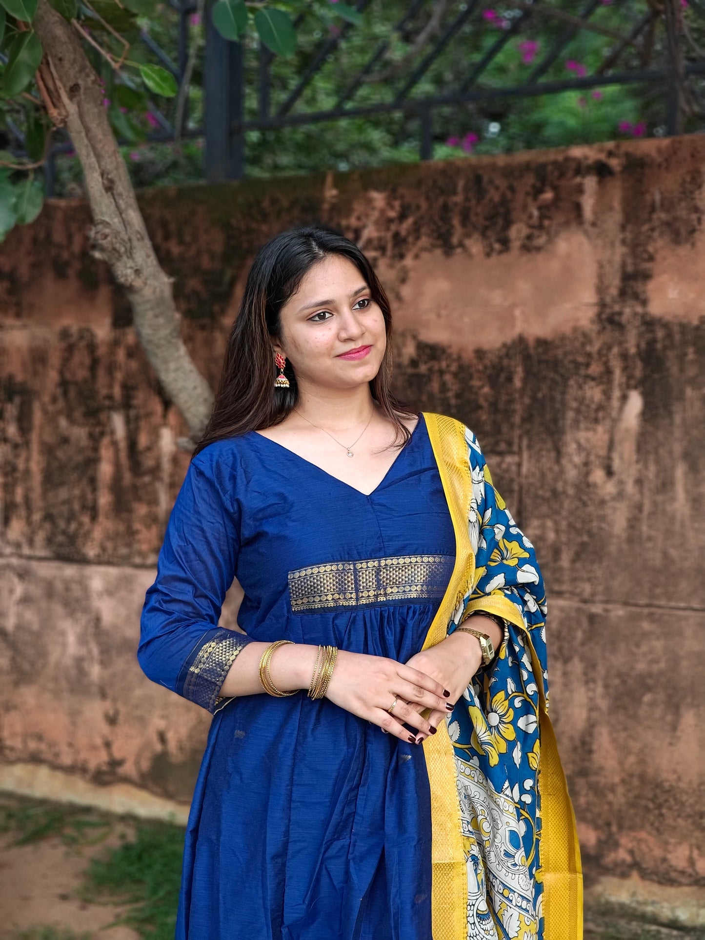 Blue A-line Festive set with Kalamkari dupatta