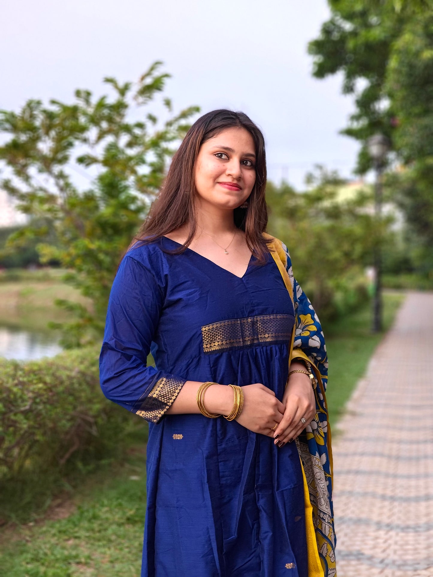 Blue A-line Festive set with Kalamkari dupatta