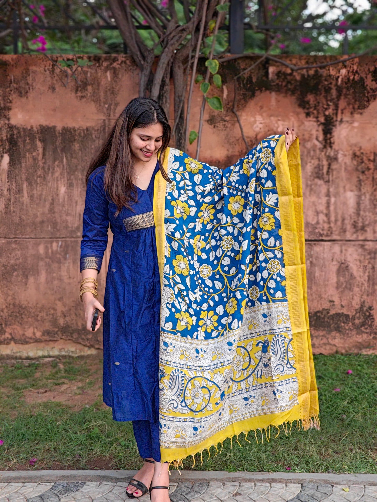 Blue A-line Festive set with Kalamkari dupatta
