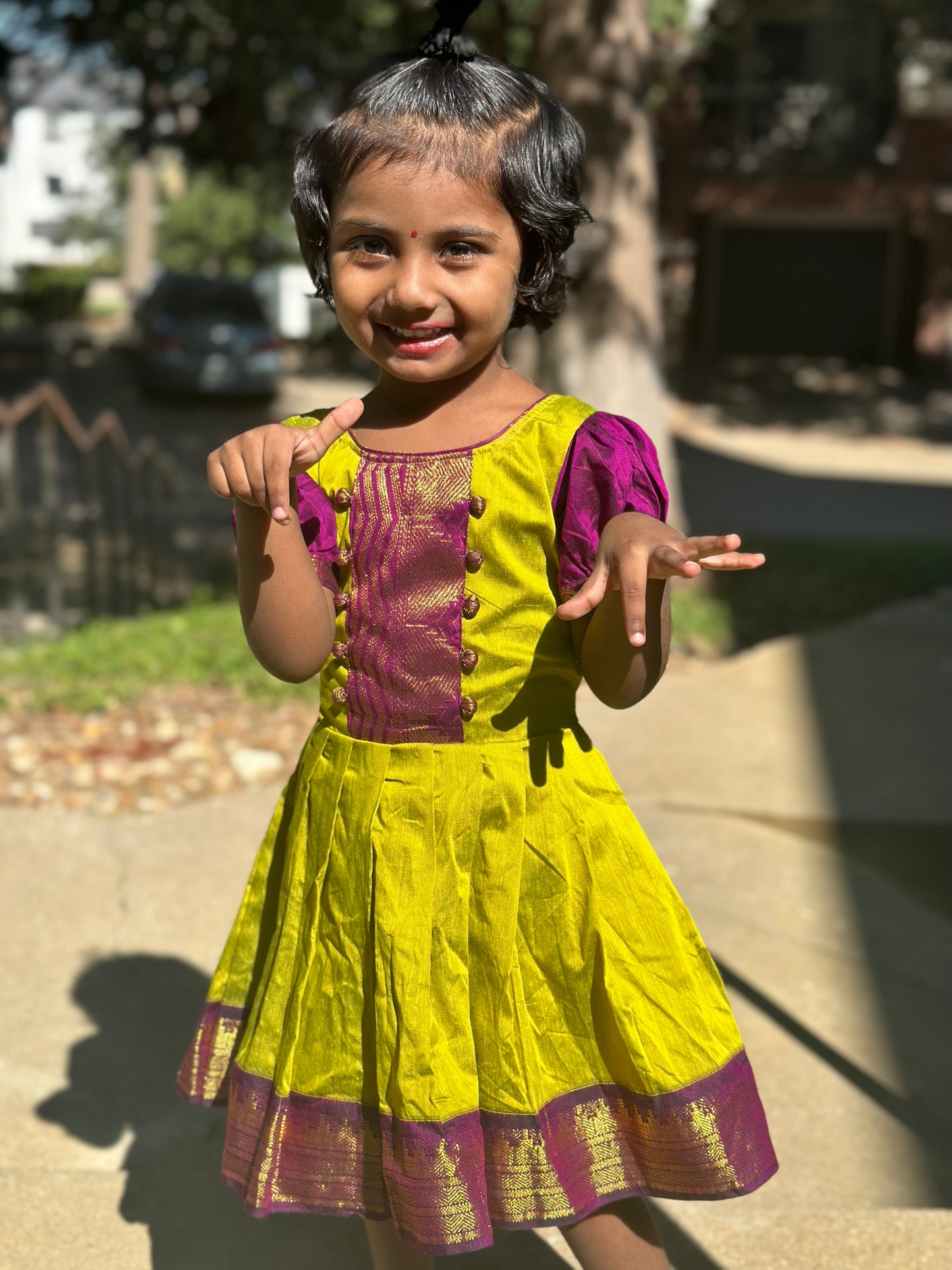 Green & Wine Purple Kalyani cotton frock