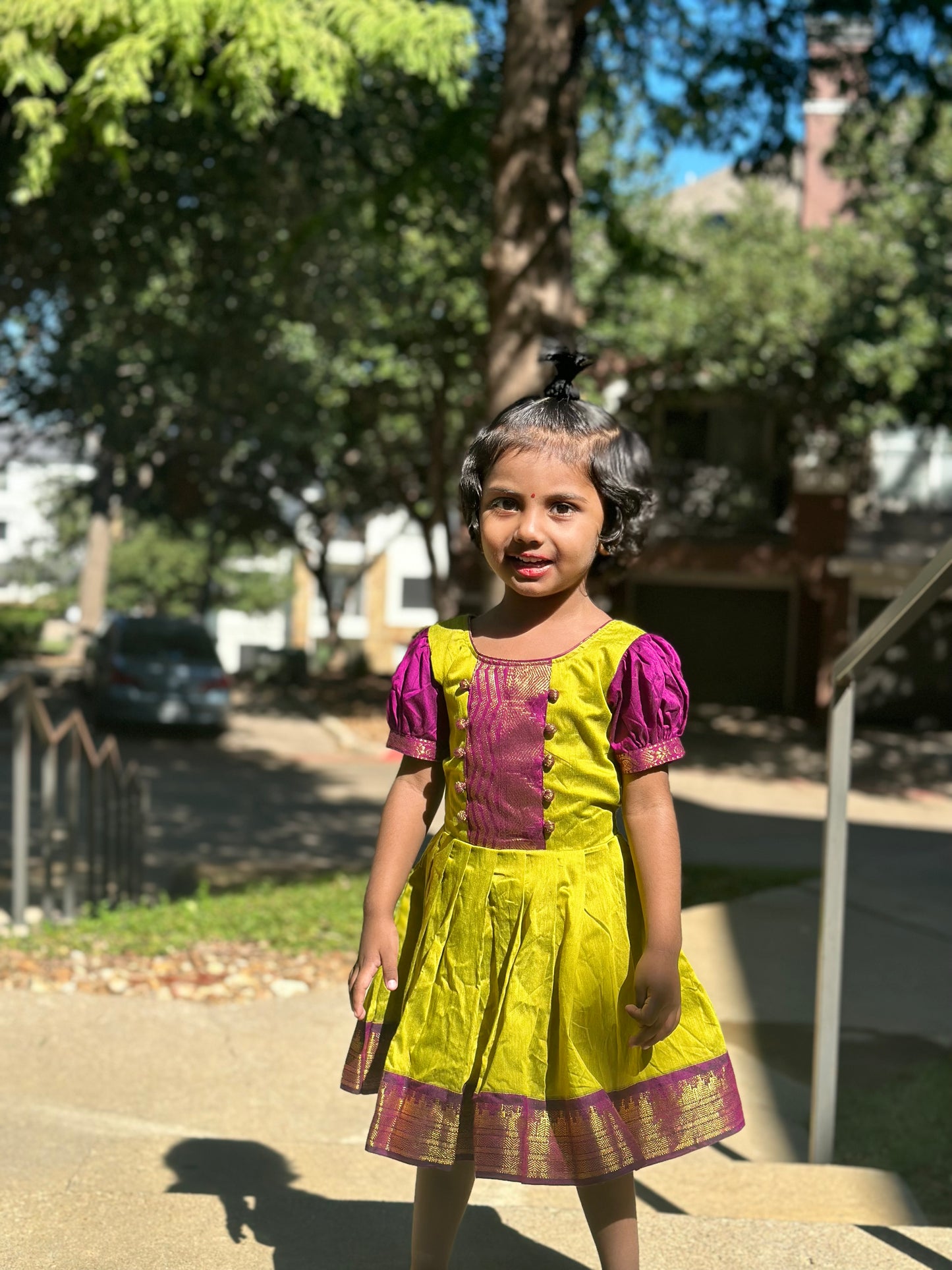Green & Wine Purple Kalyani cotton frock