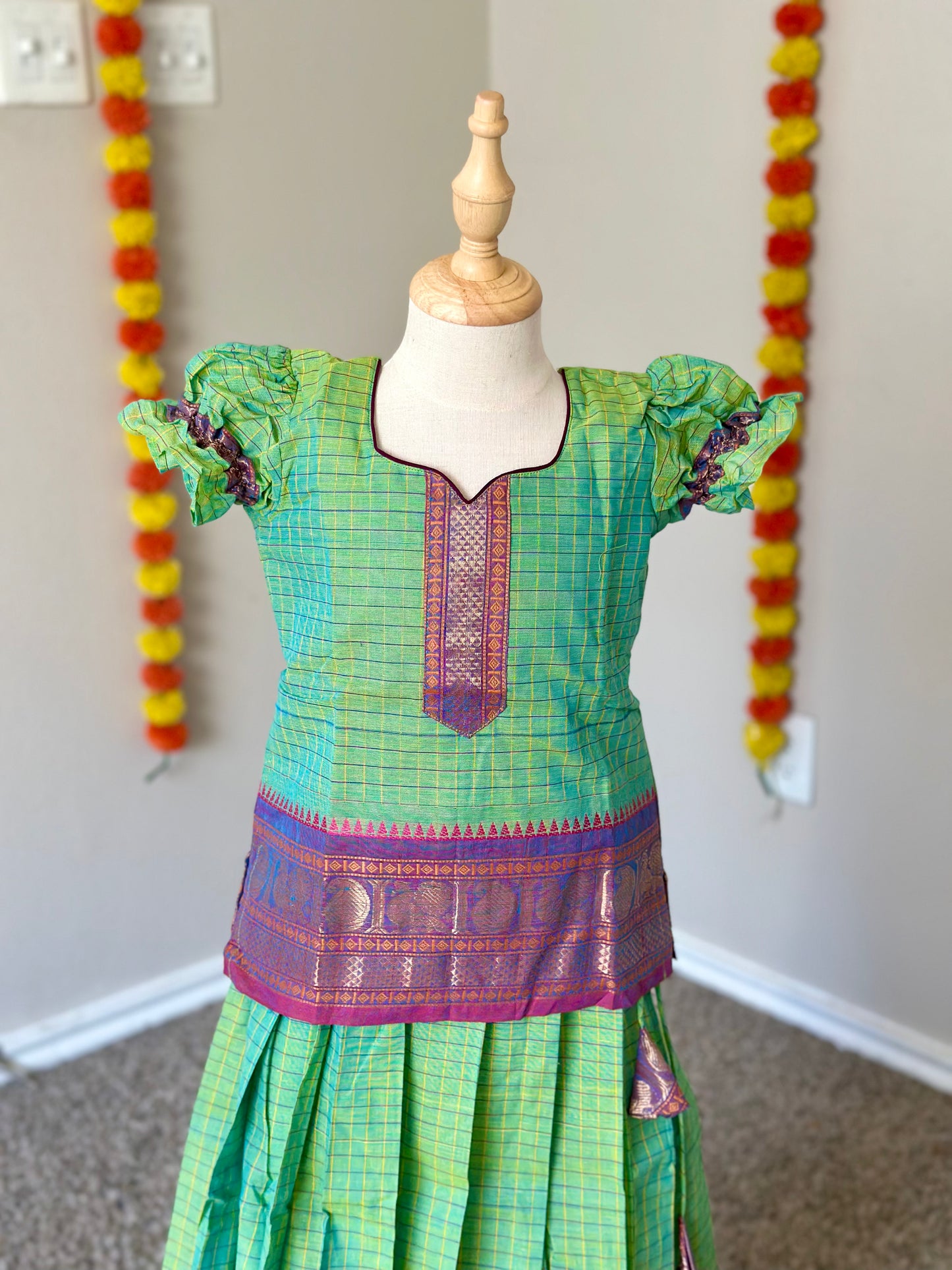 Green checks Kanchi cotton skirt and top