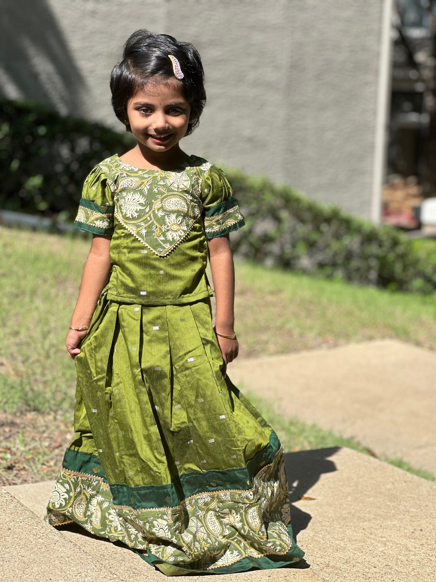 Green Raw silk fusion skirt and top