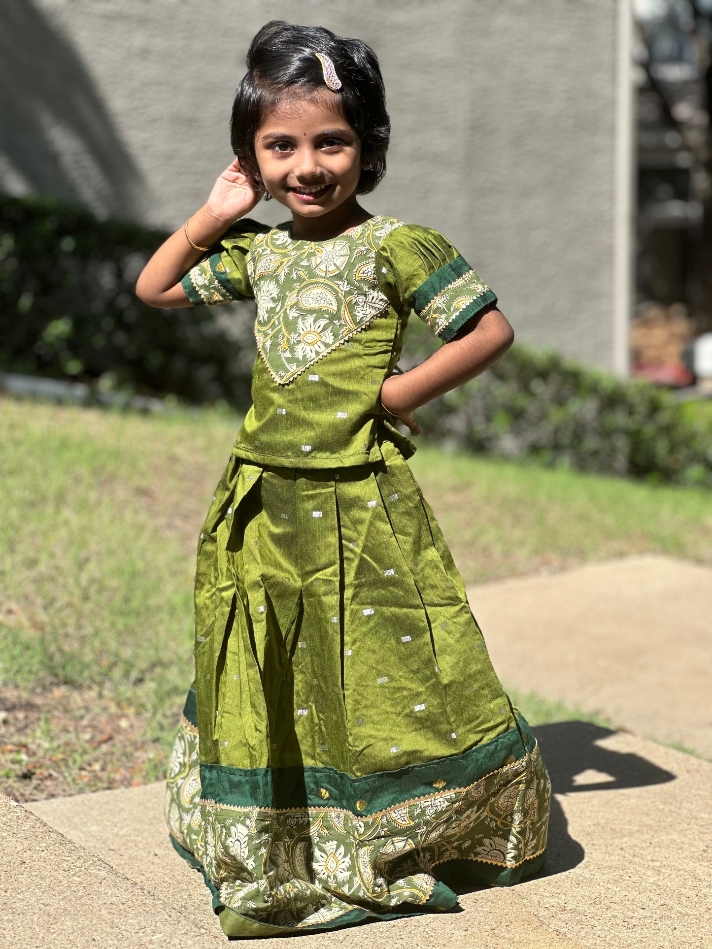 Green Raw silk fusion skirt and top