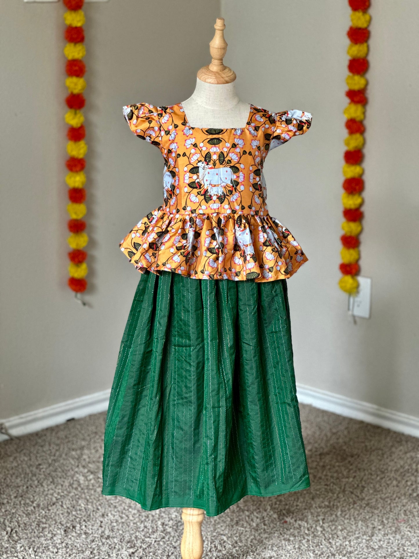 Green and Yellow Pichwai skirt and Top