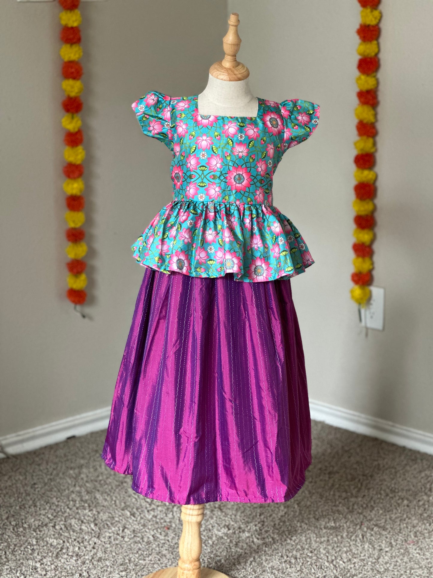 Majenta and Blue Pichwai skirt and top