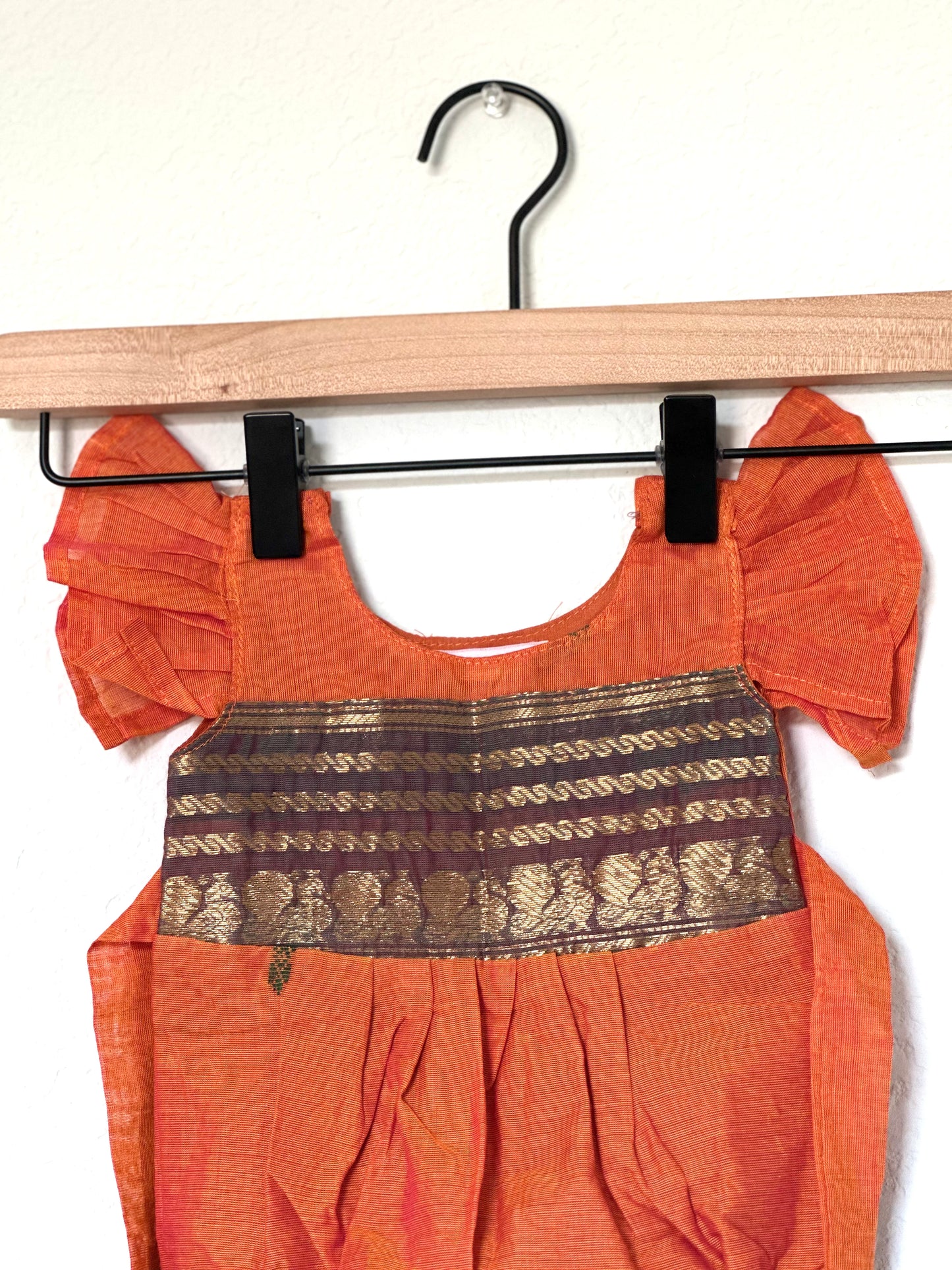 Orange and green Kanchi cotton Infants Ethnic onesie