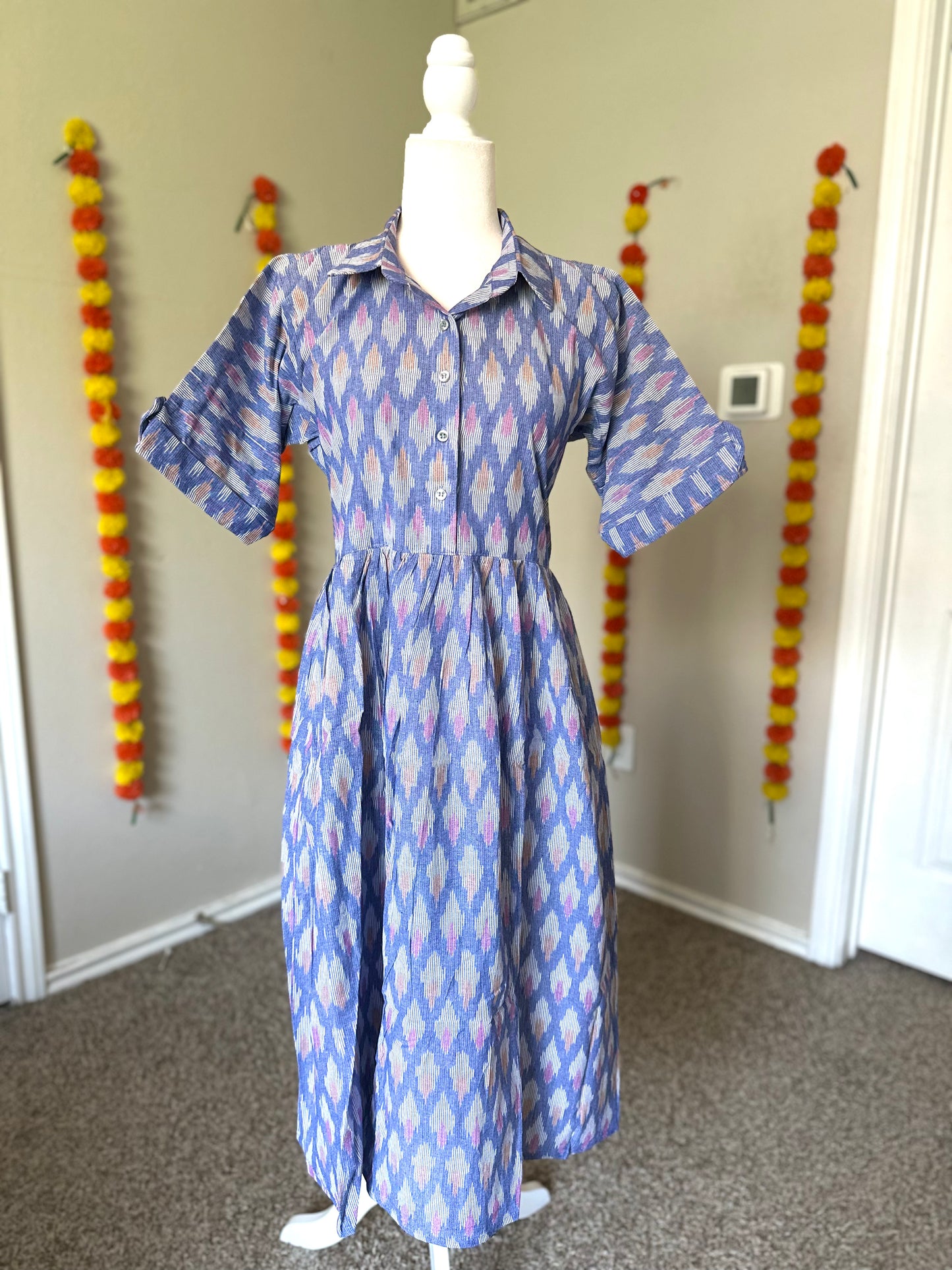 Blue ikat Shirt style dress