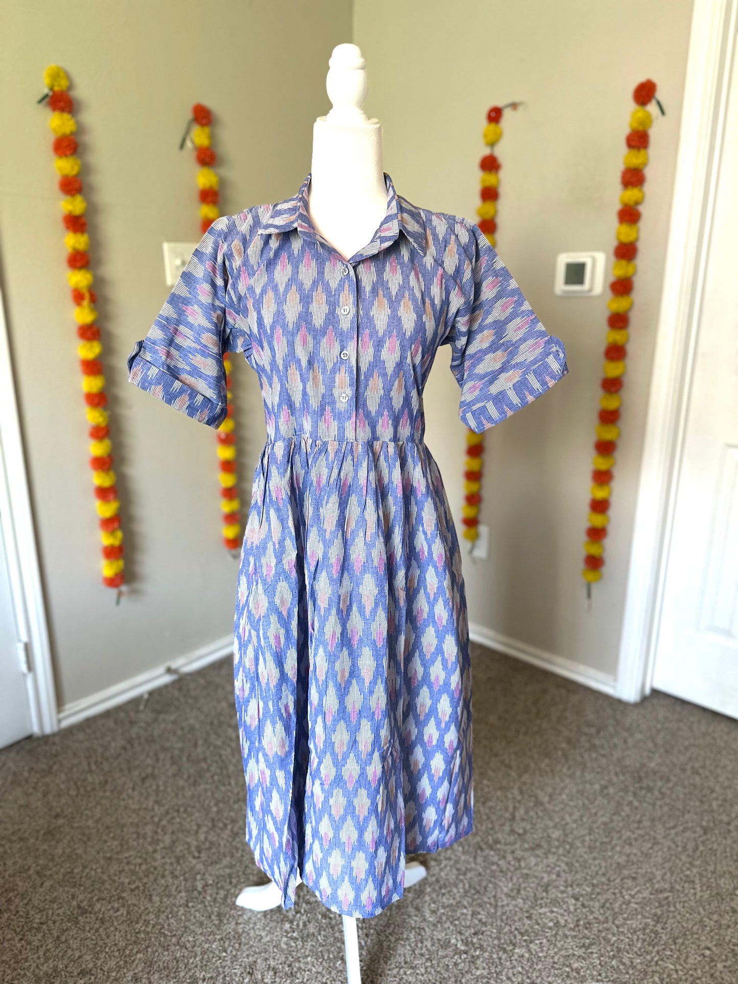 Blue ikat Shirt style dress