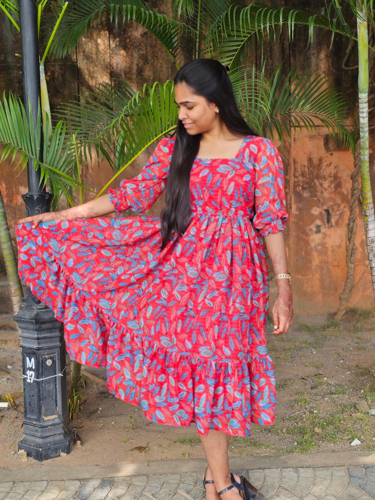 Red Floral Chiffon Dress