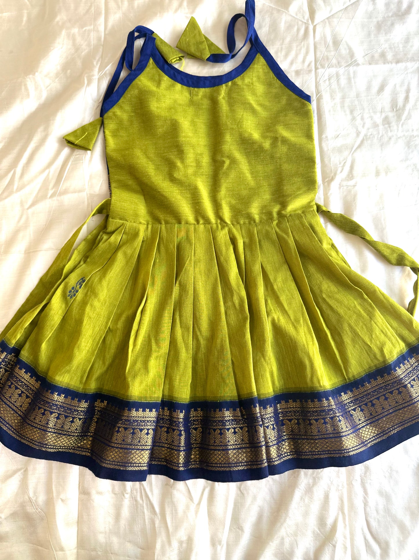 Green and Blue kalyani cotton tie up frock