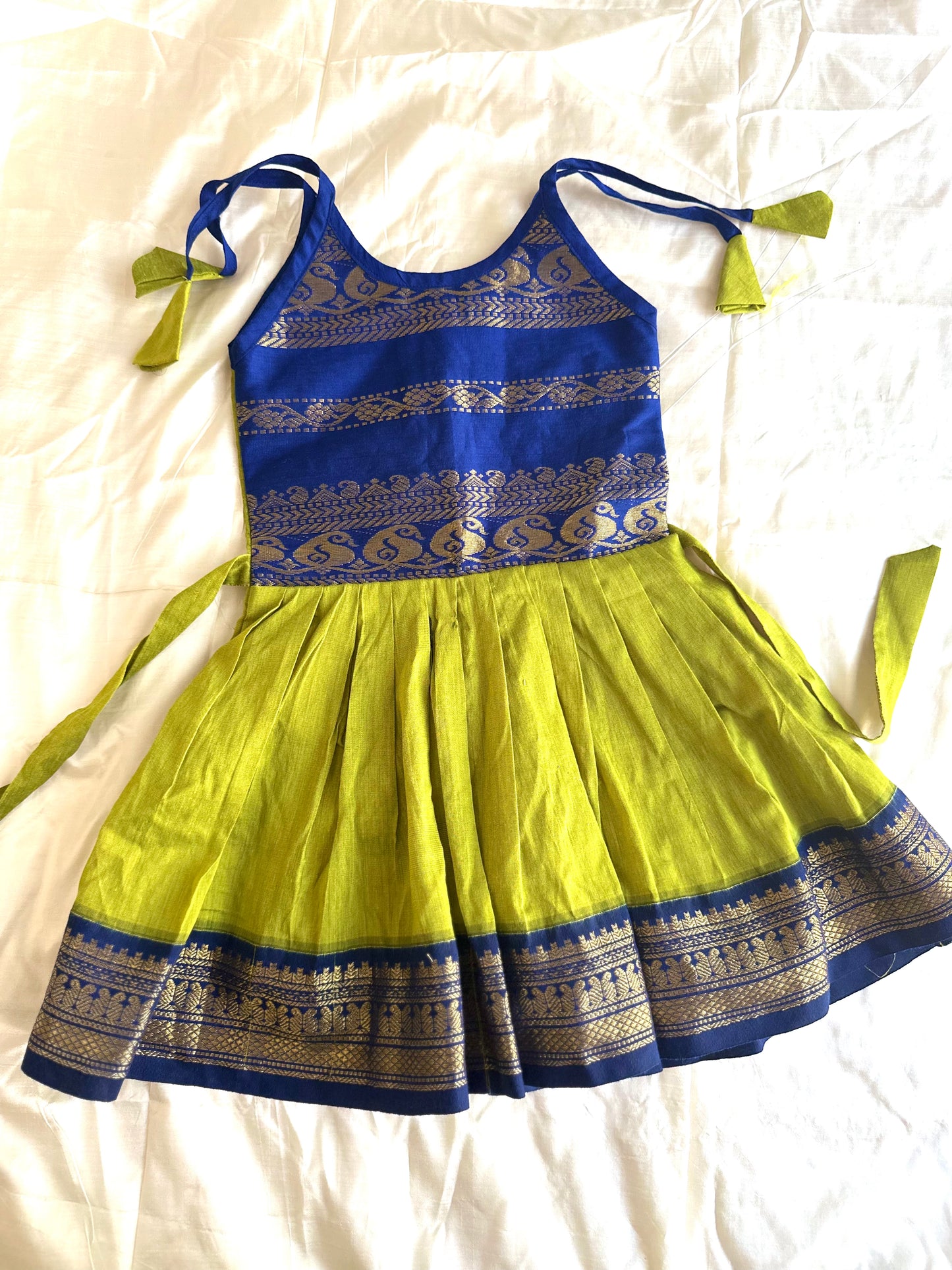 Green and Blue kalyani cotton tie up frock