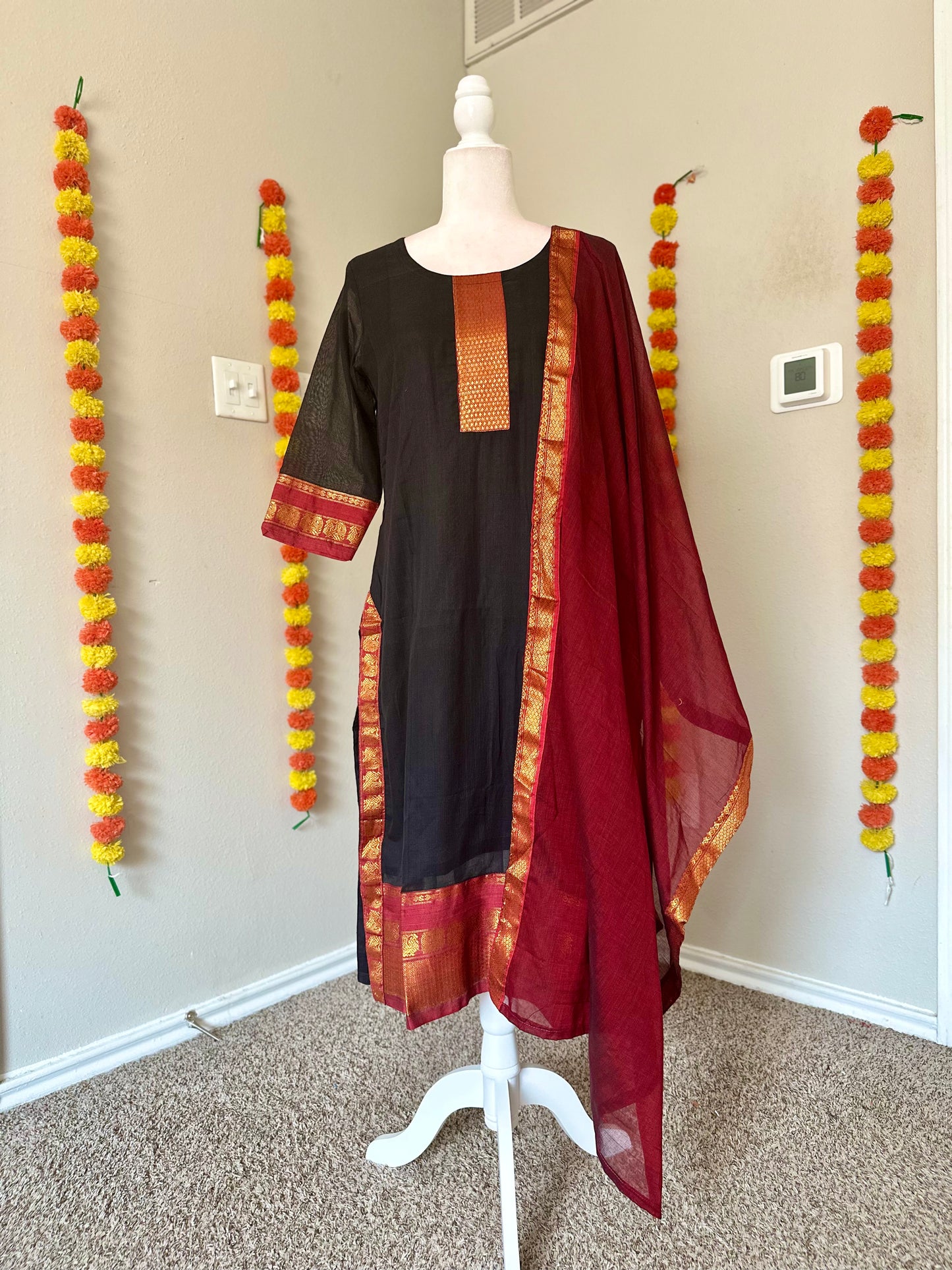 Black and red Narayanpet festive Salwar set