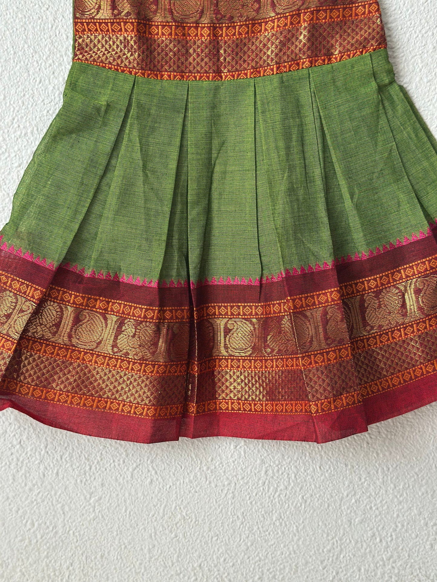 Green and maroon kanchi cotton infant frock
