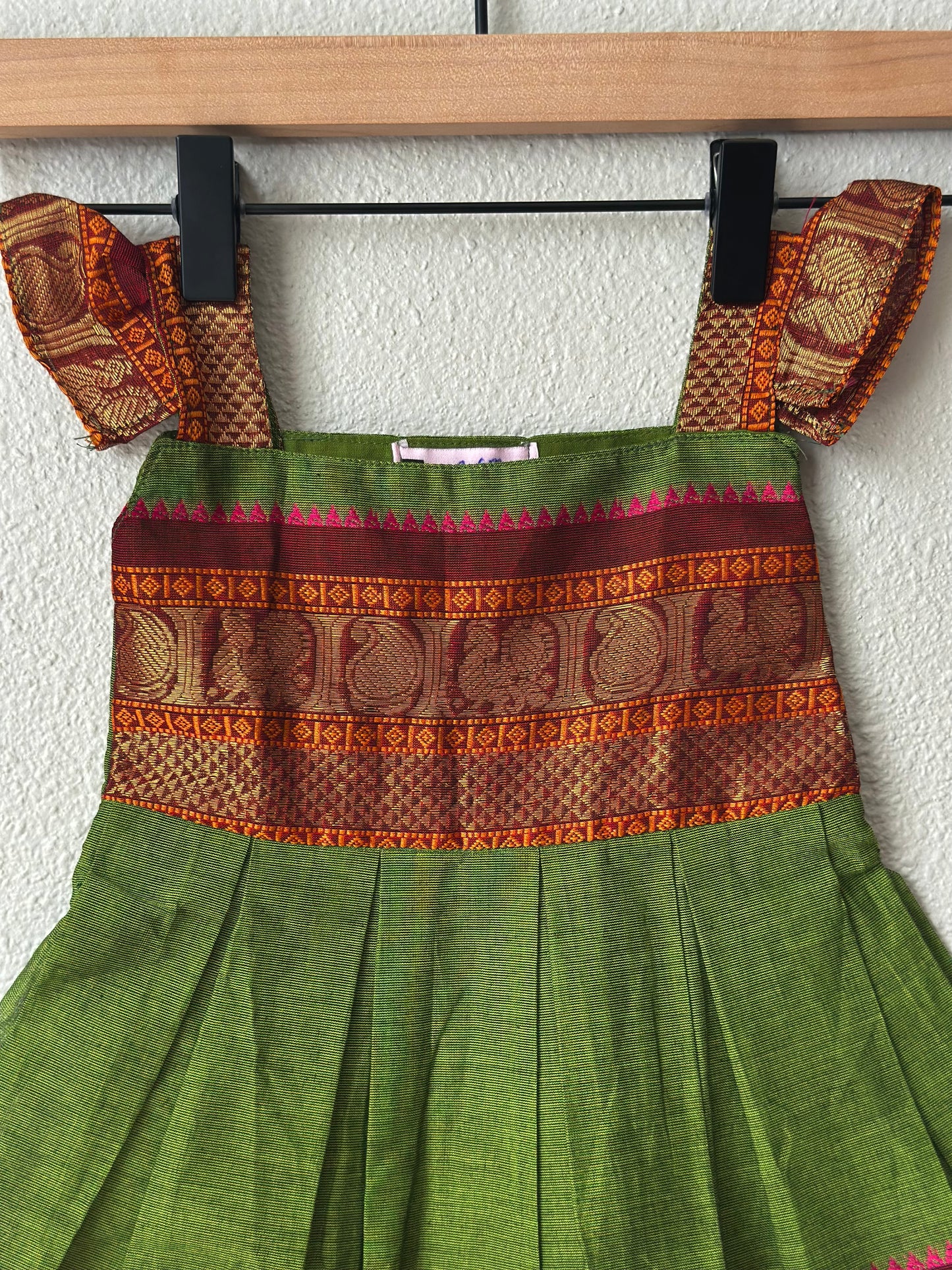 Green and maroon kanchi cotton infant frock