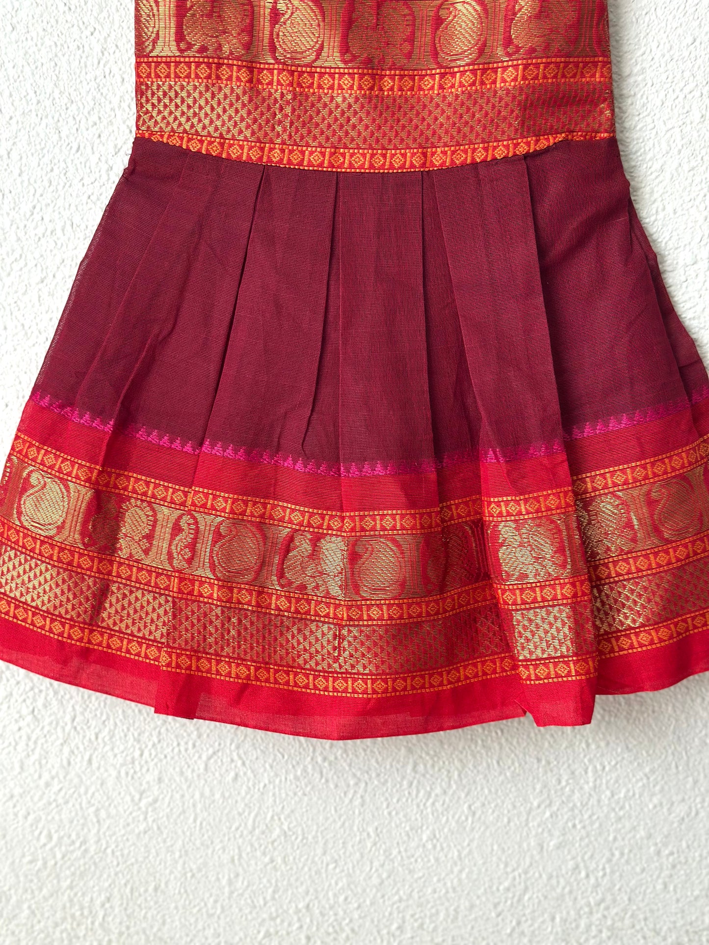 Maroon and red Kanchi cotton infant frock