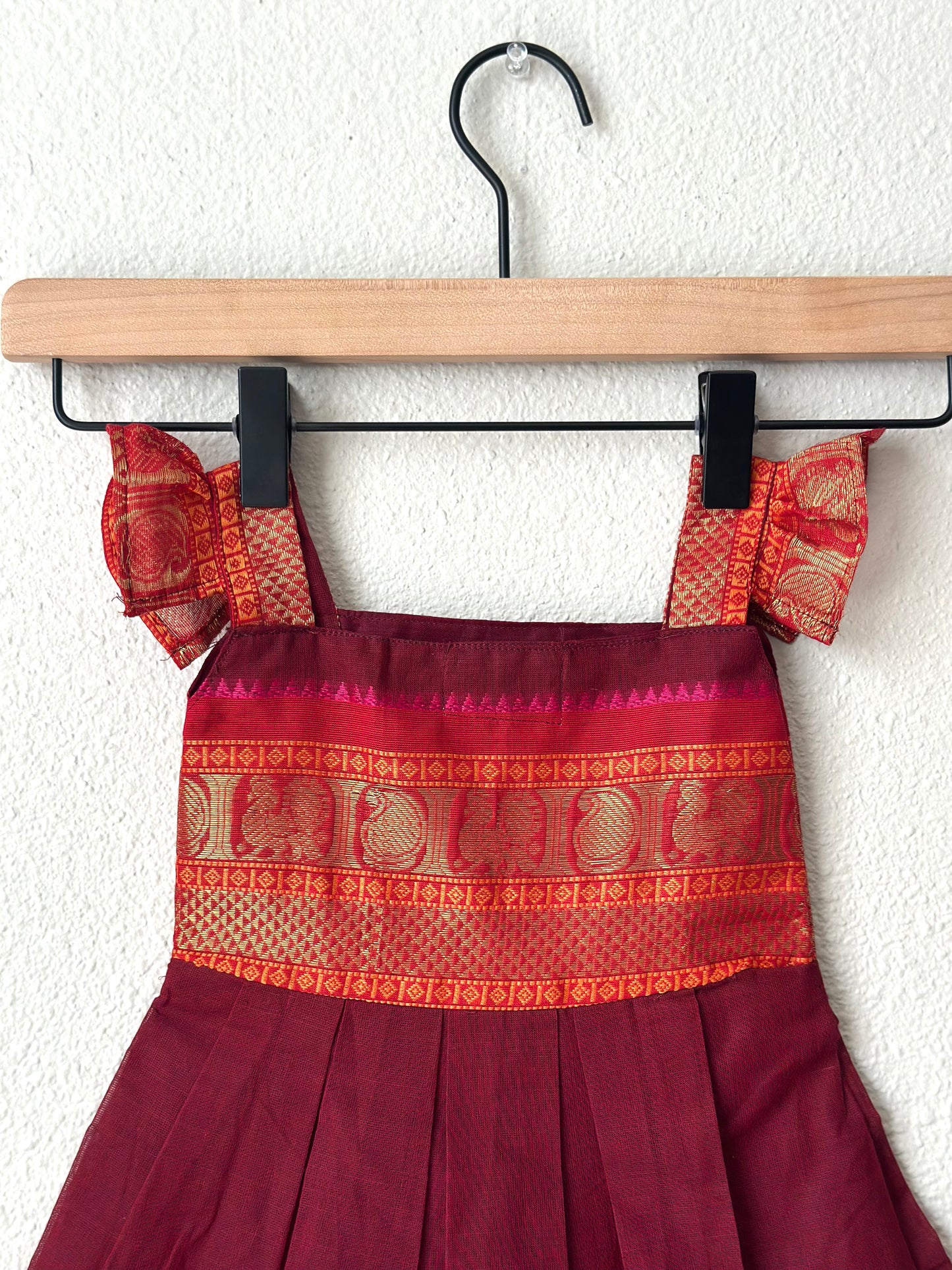Maroon and red Kanchi cotton infant frock