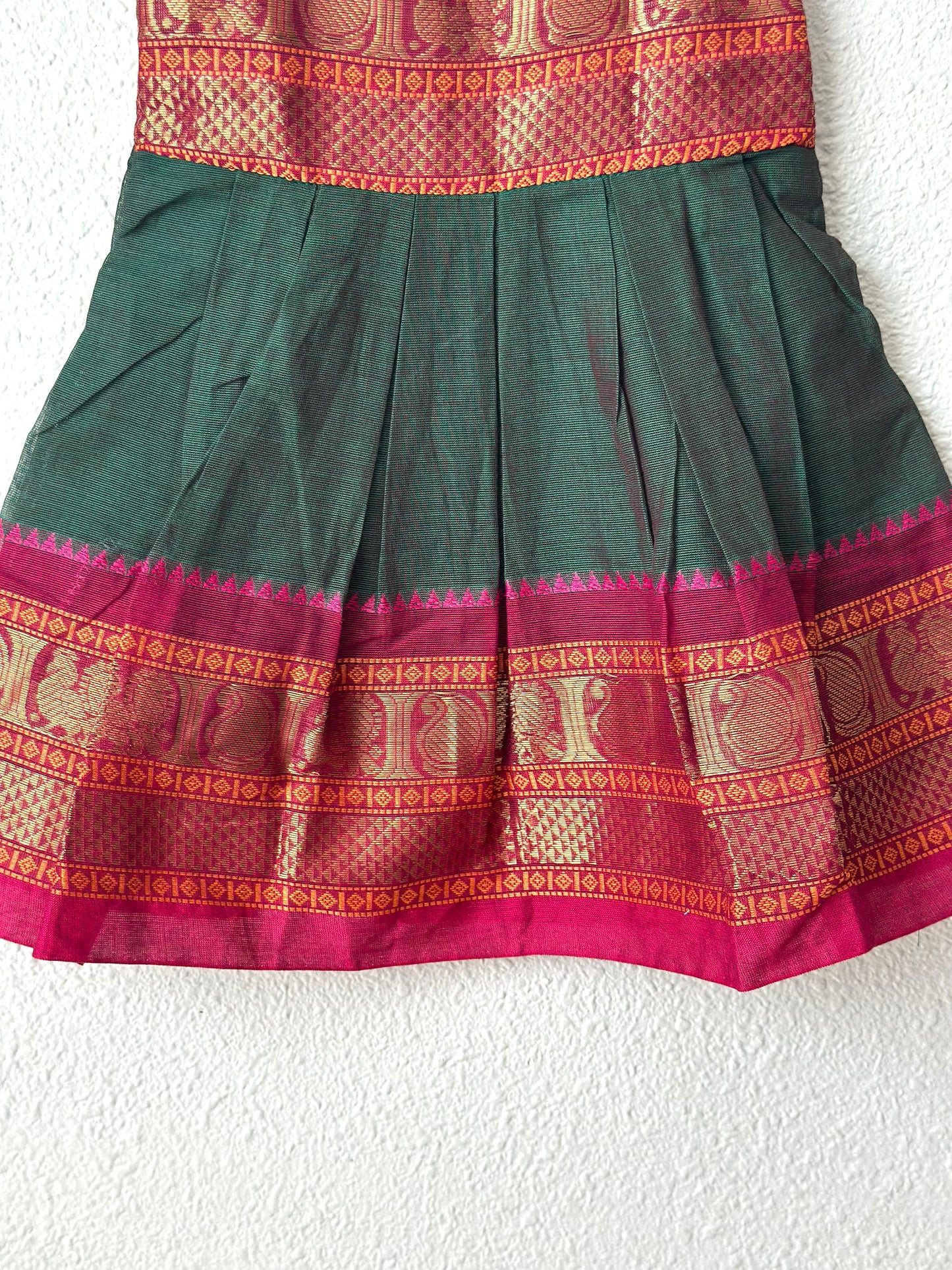 Bottle green and pink Kanchi cotton infant frock