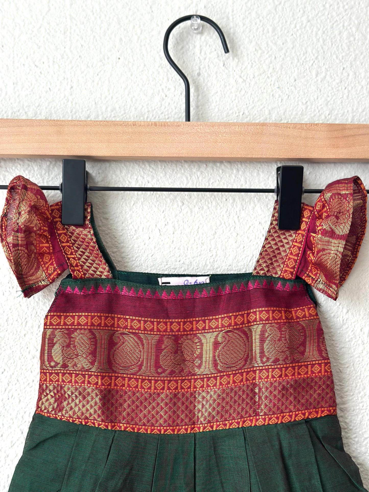 Bottle green and pink Kanchi cotton infant frock