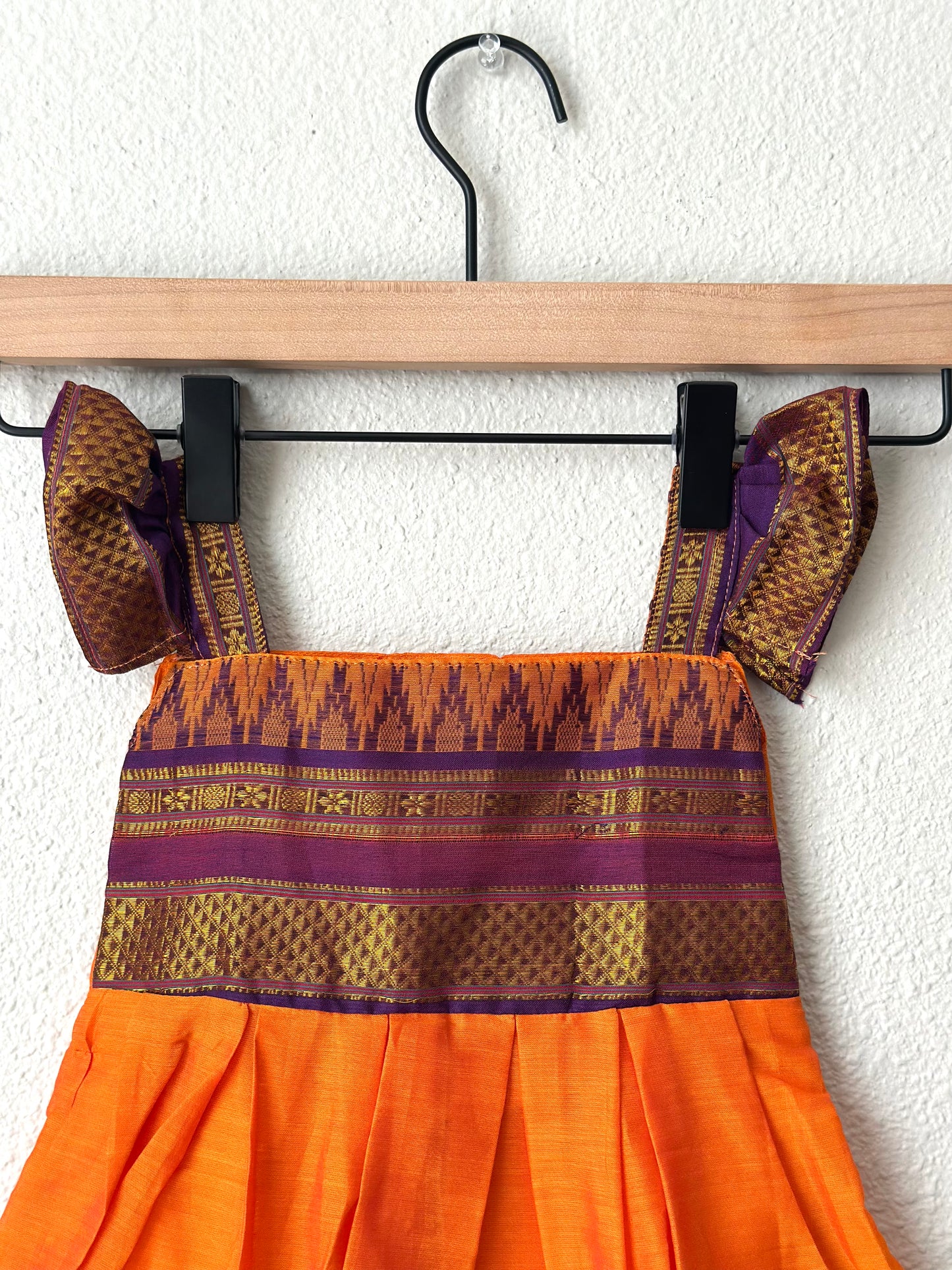 Orange and purple Narayanpet infant frock