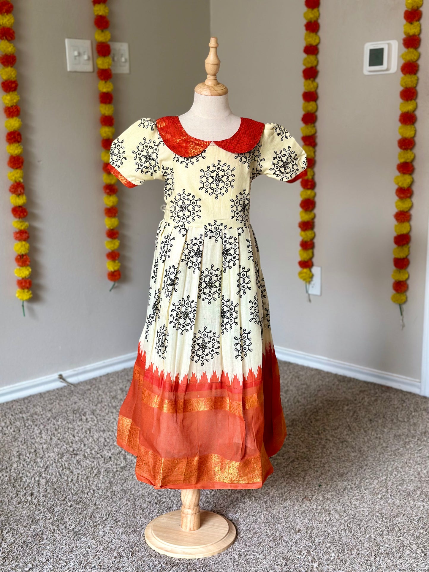 Kolam Sungudi Frock with Orange border