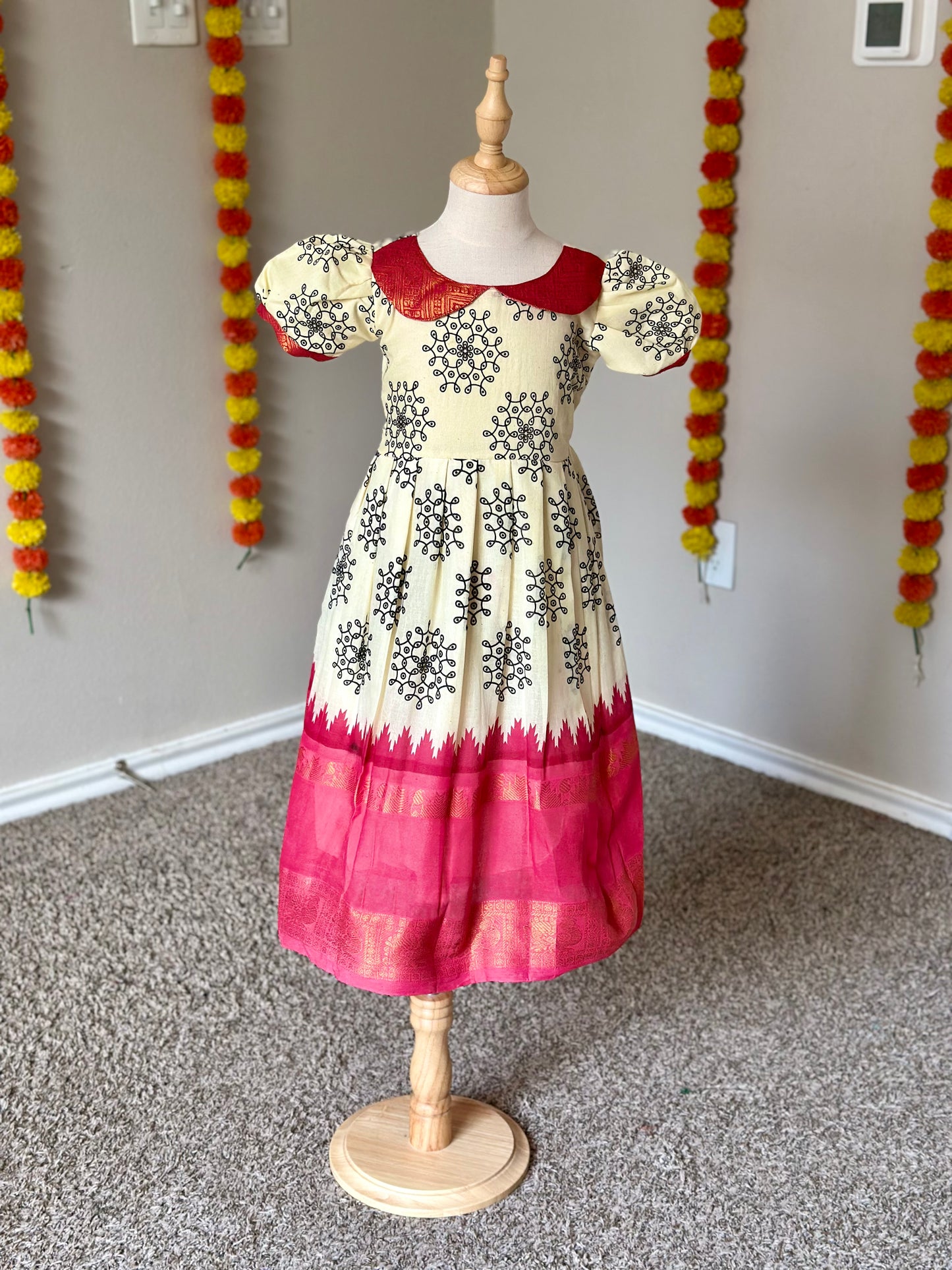 Kolam Sungudi Frock with Pink border