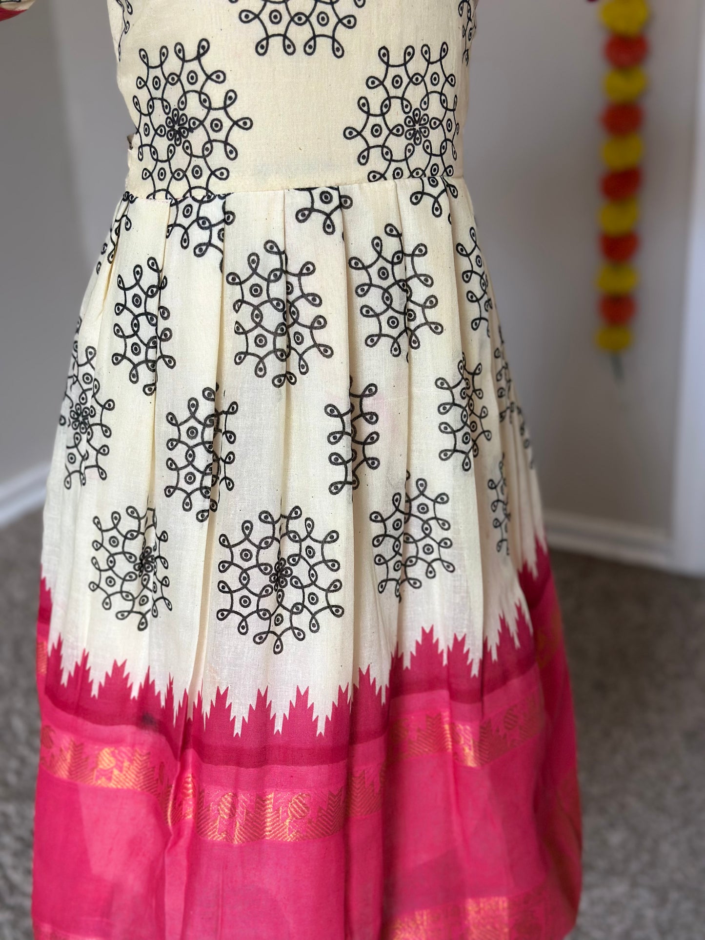 Kolam Sungudi Frock with Pink border