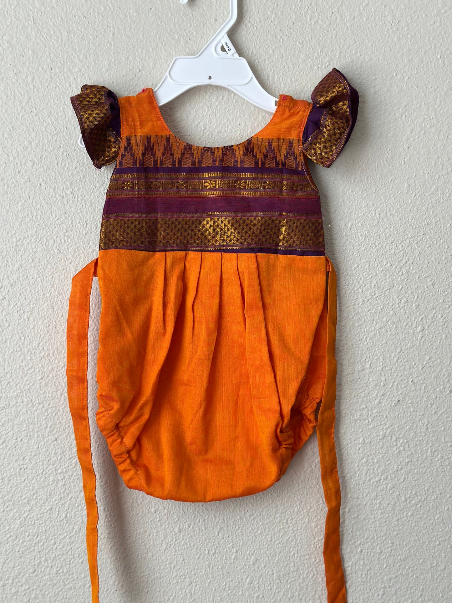 Orange and purple Narayanpet cotton Infants Ethnic onesie