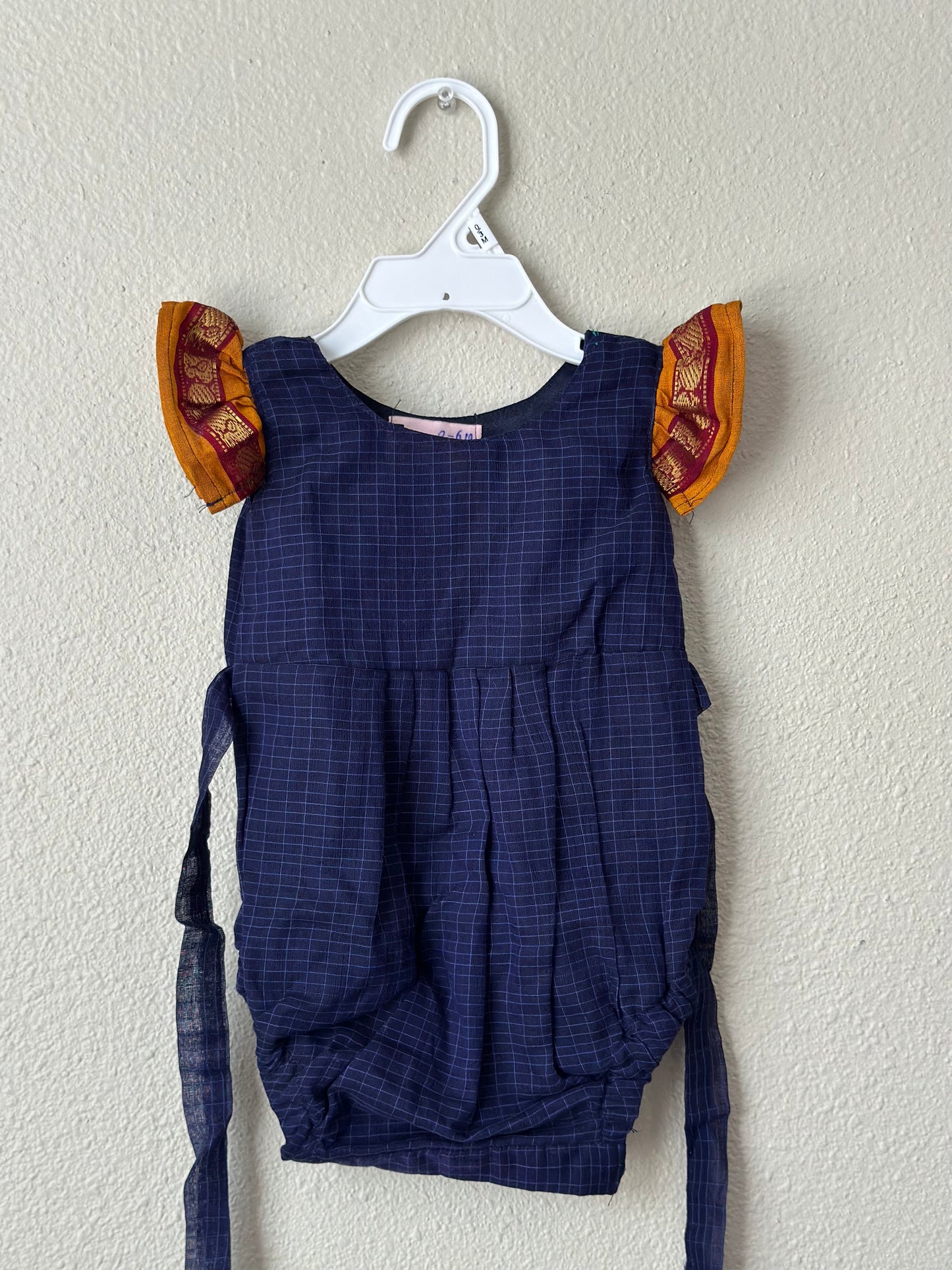 Blue and mustard narayanpet cotton Infants Ethnic onesie