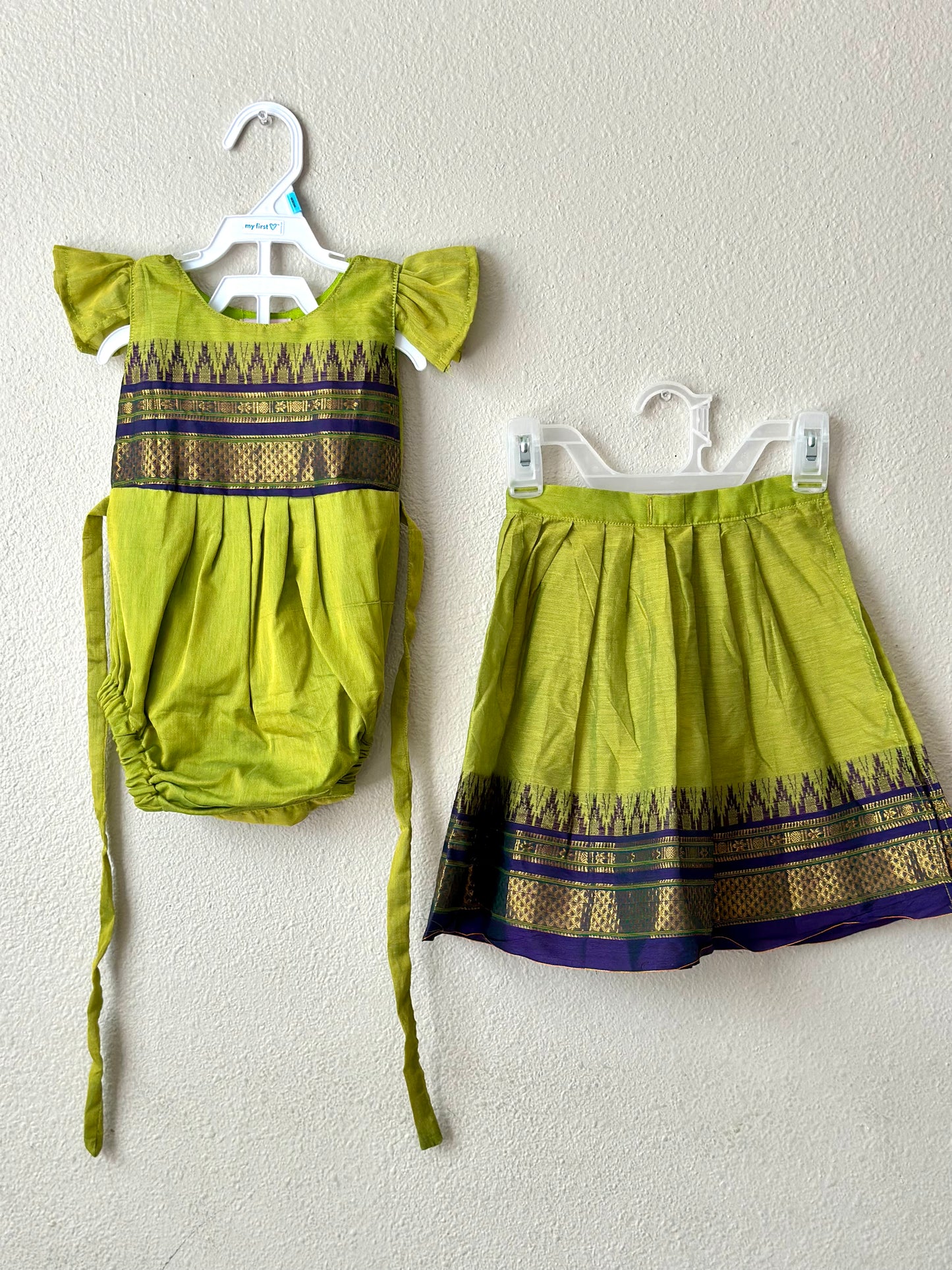 Green Narayanpet cotton infant ethnic onesie