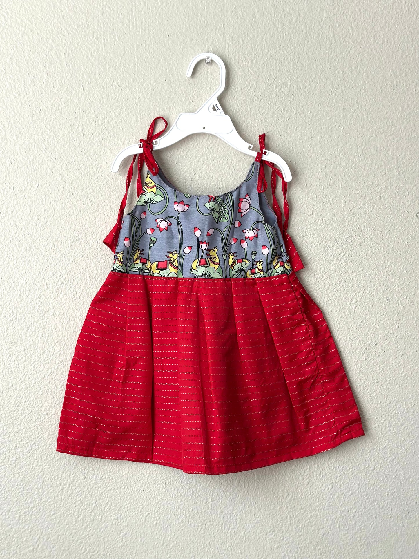 Red Pichwai Semi infants silk tie up frock