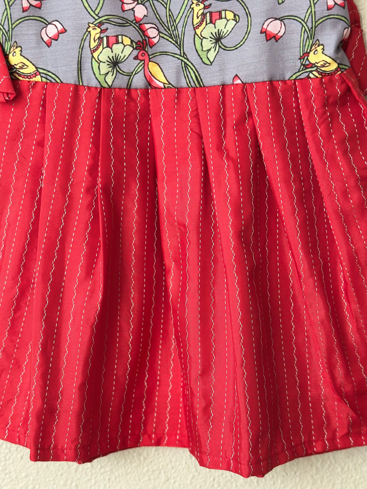 Red Pichwai Semi infants silk tie up frock