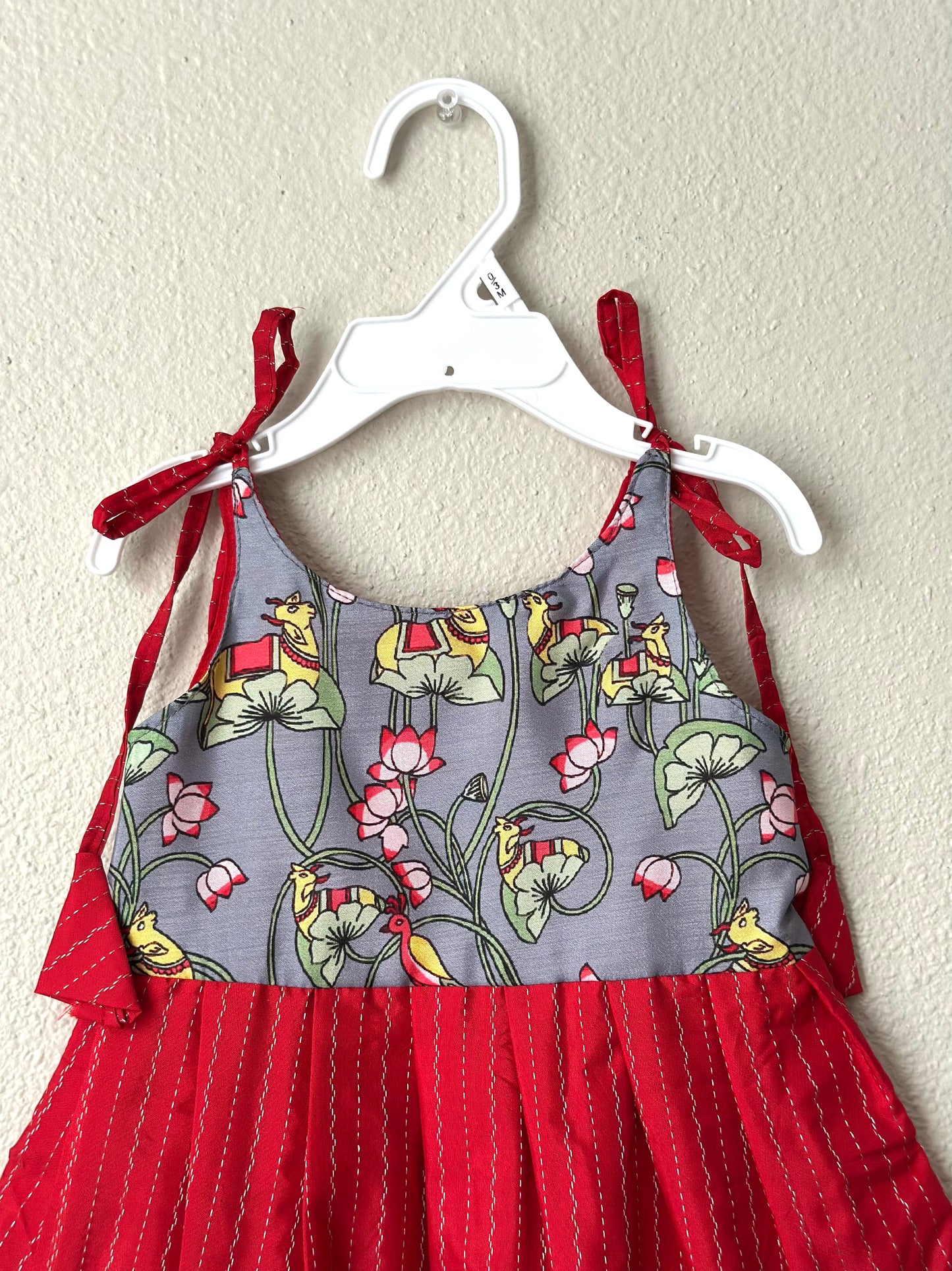 Red Pichwai Semi infants silk tie up frock