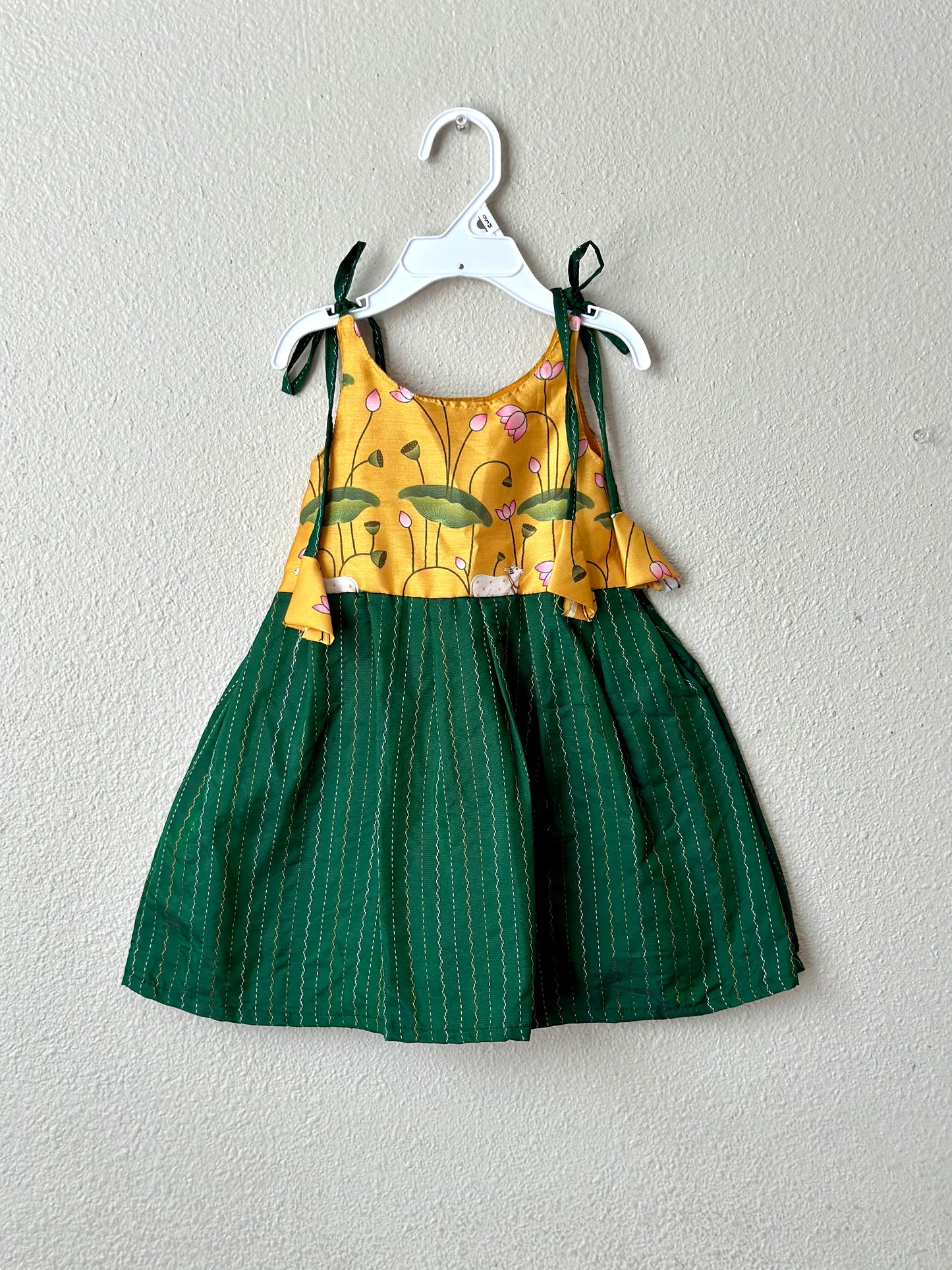 Green Pichwai Semi silk infants tie up frock