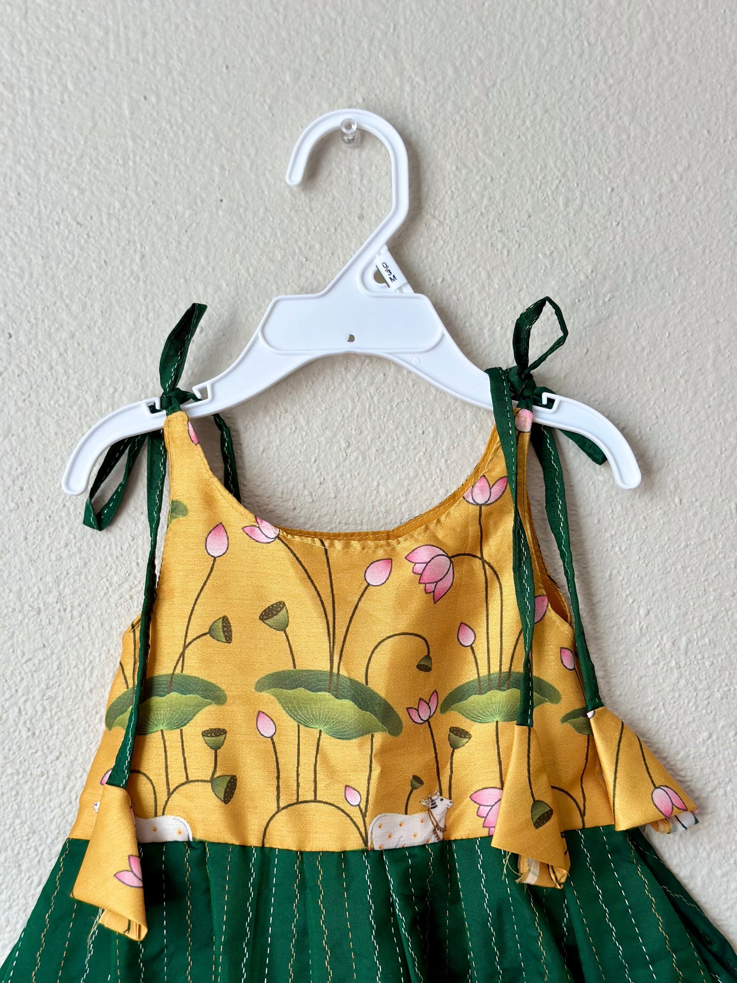 Green Pichwai Semi silk infants tie up frock