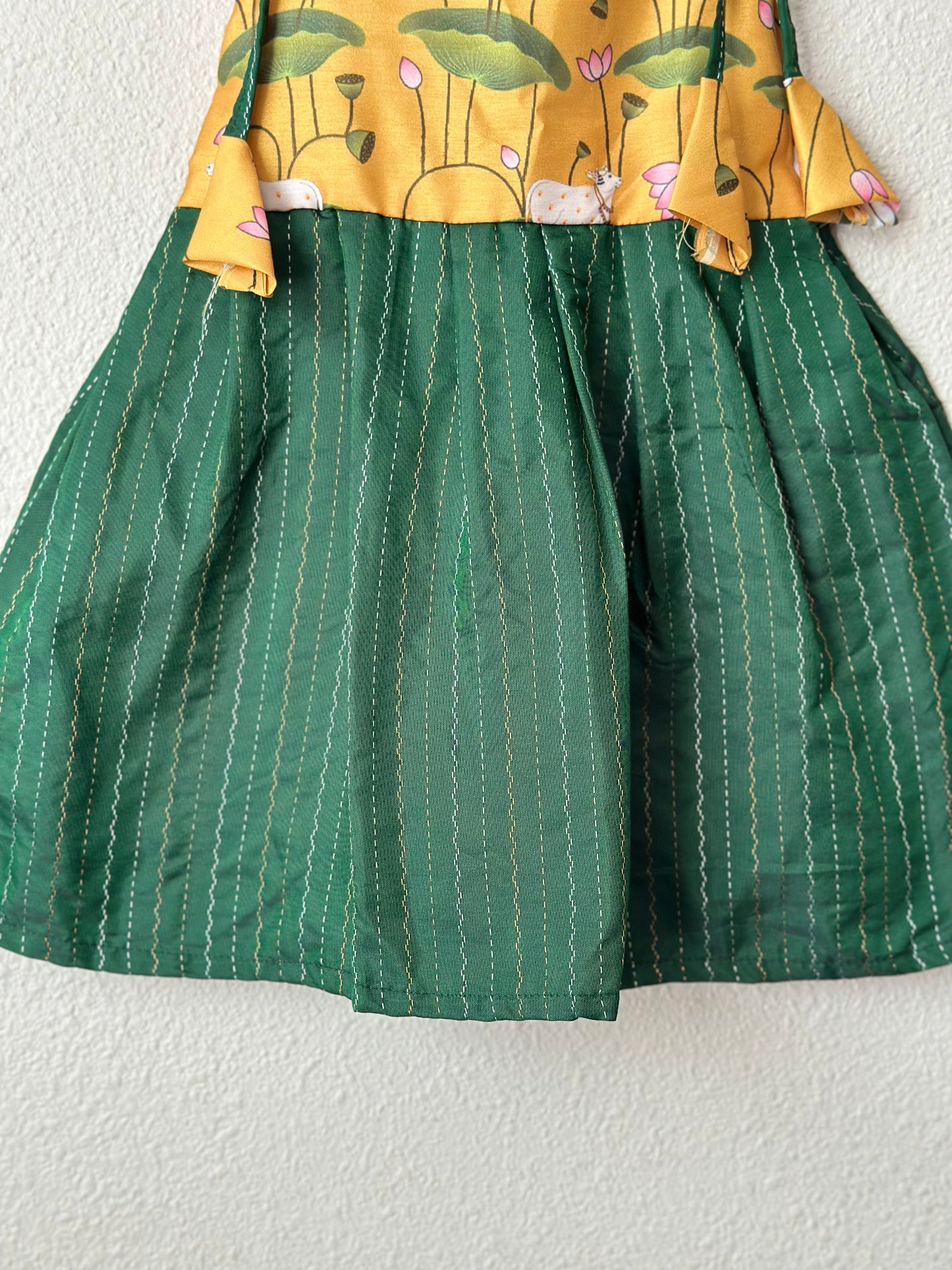 Green Pichwai Semi silk infants tie up frock