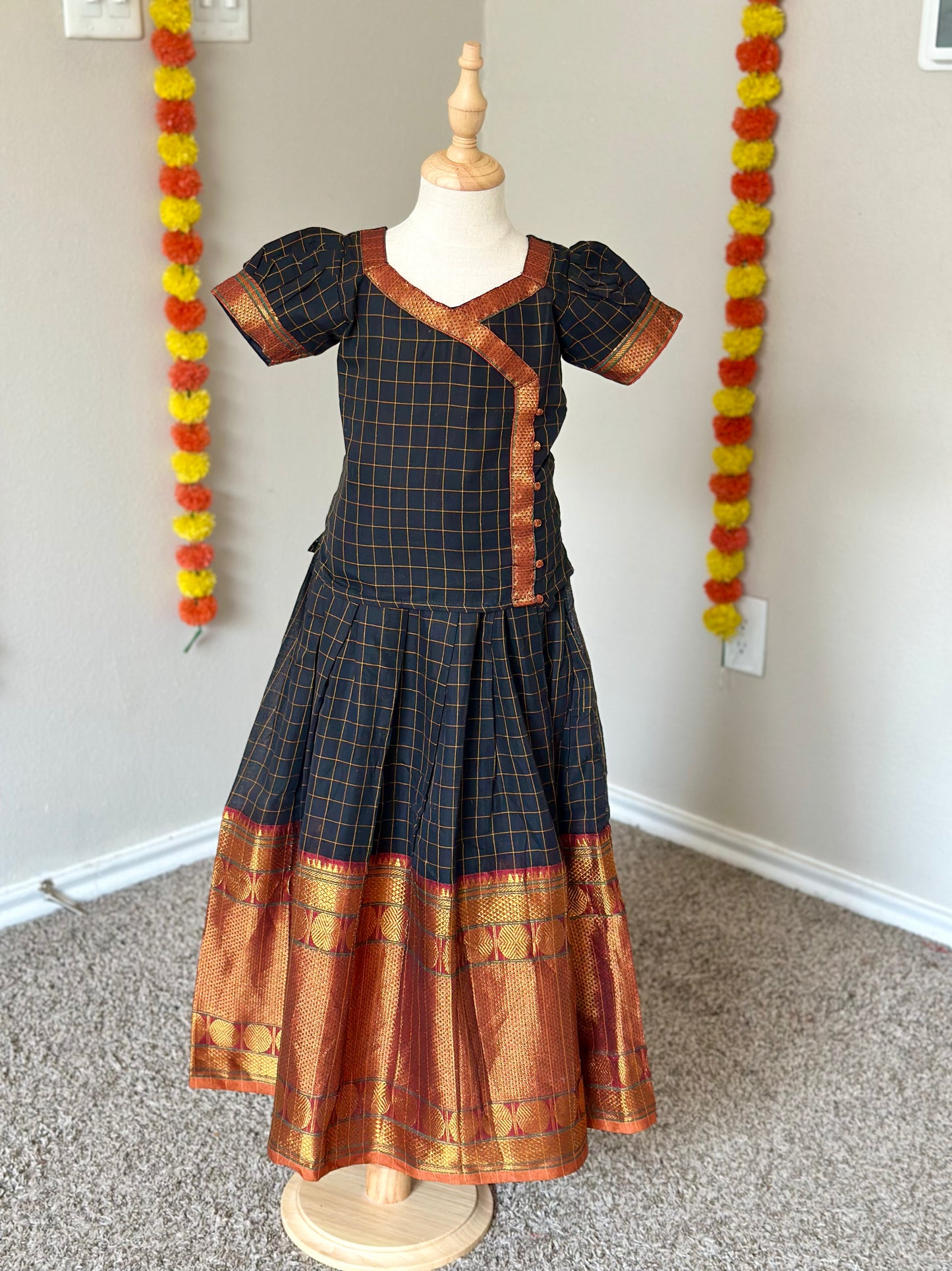 Black checked Narayanpet kids lehenga