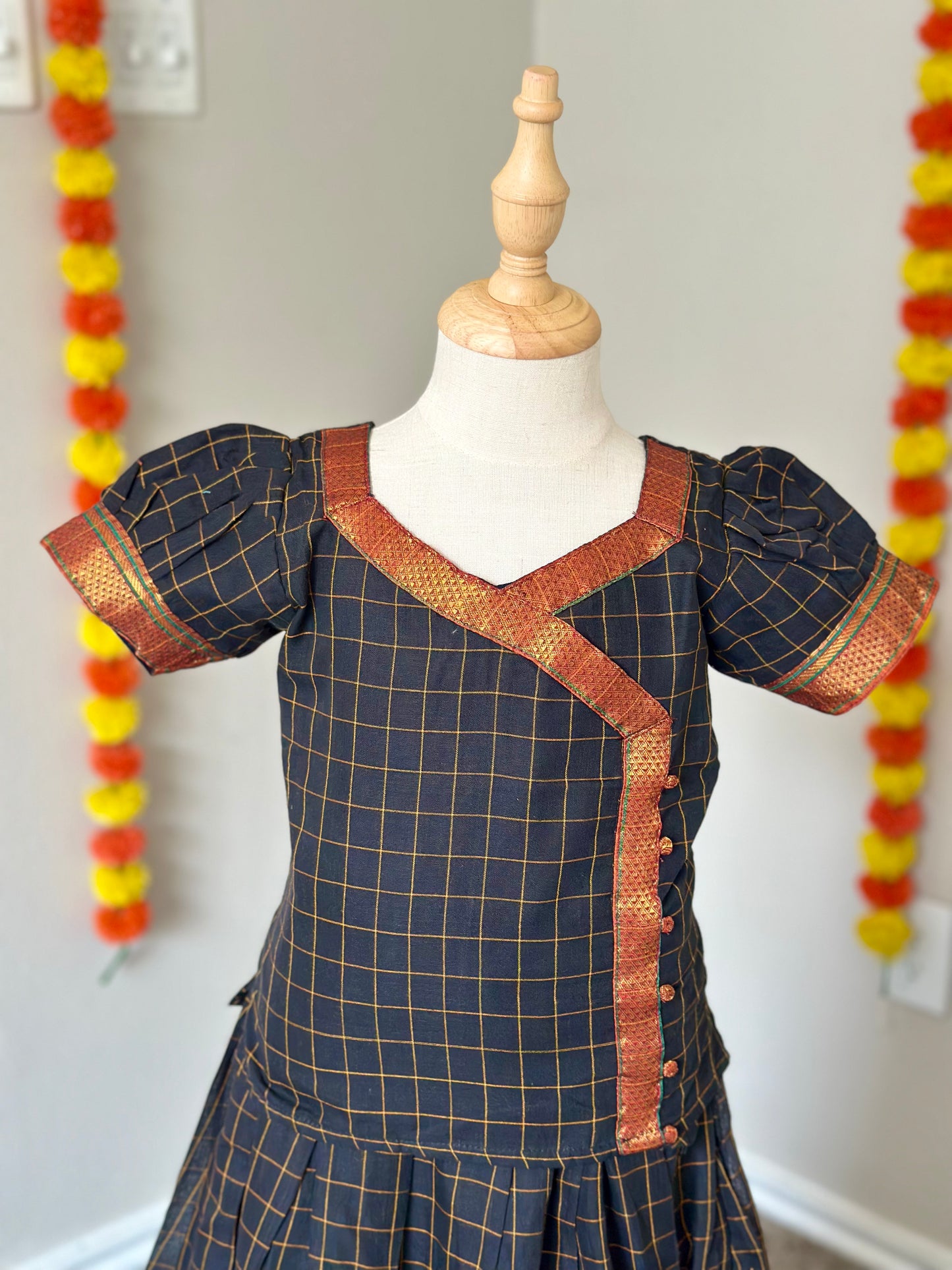 Black checked Narayanpet kids lehenga