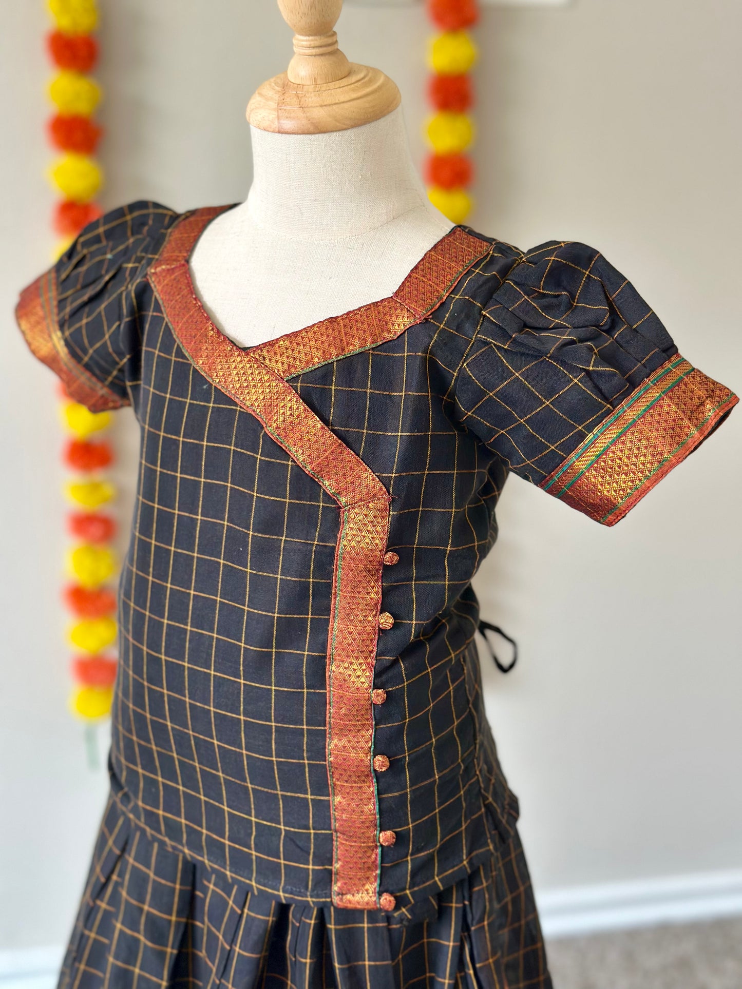 Black checked Narayanpet kids lehenga