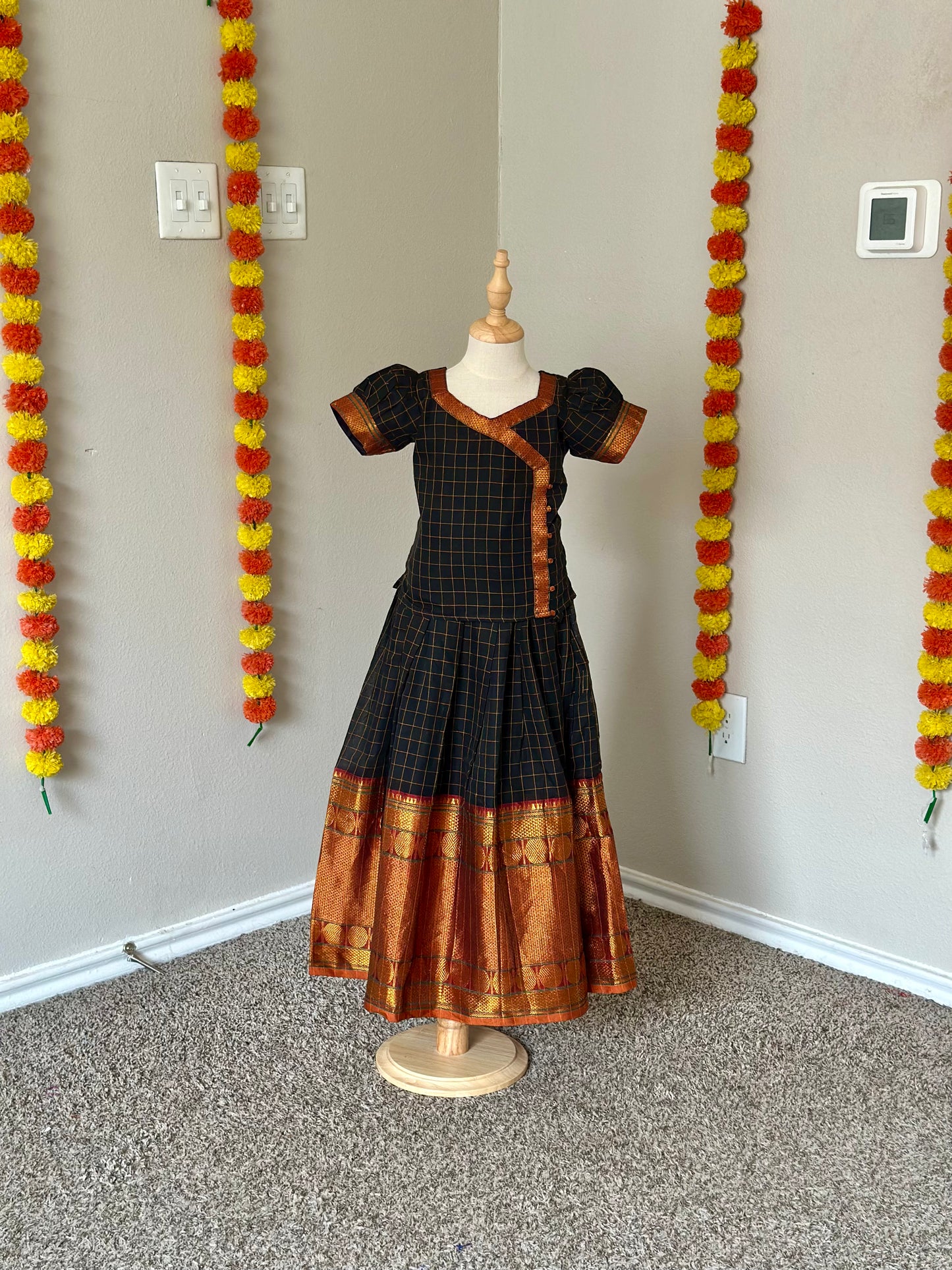 Black checked Narayanpet kids lehenga