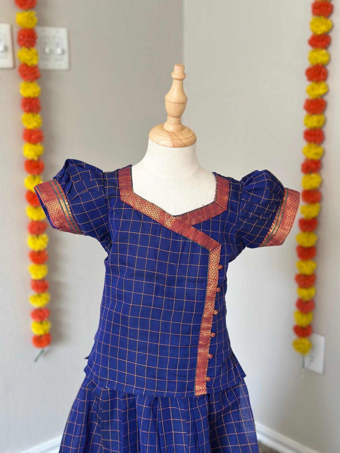 Blue checked Narayanpet kids lehenga