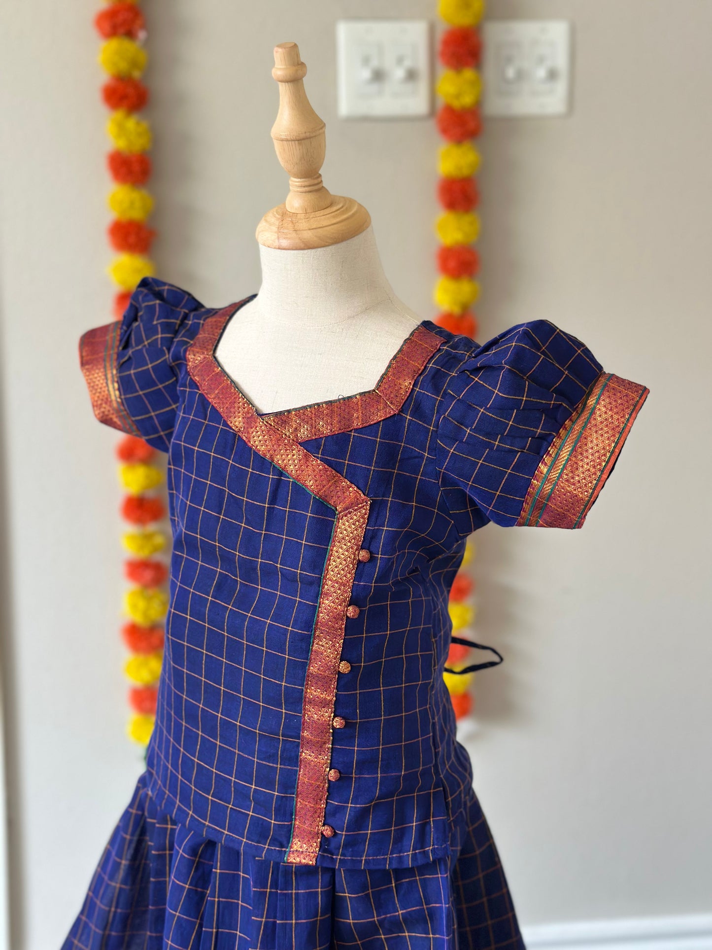 Blue checked Narayanpet kids lehenga