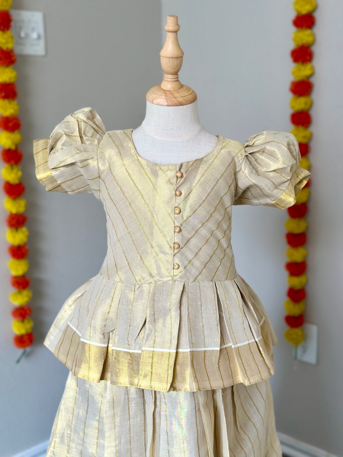 Golden Tissue Kerala style kids lehenga