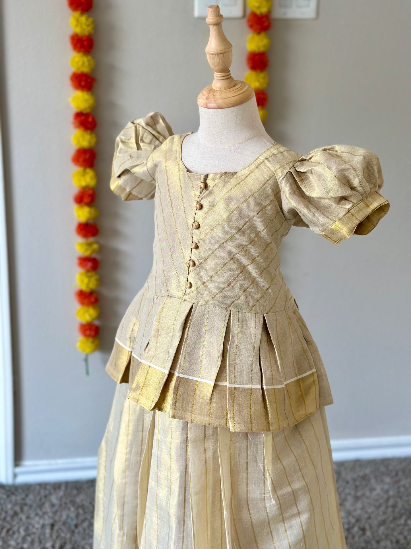Golden Tissue Kerala style kids lehenga